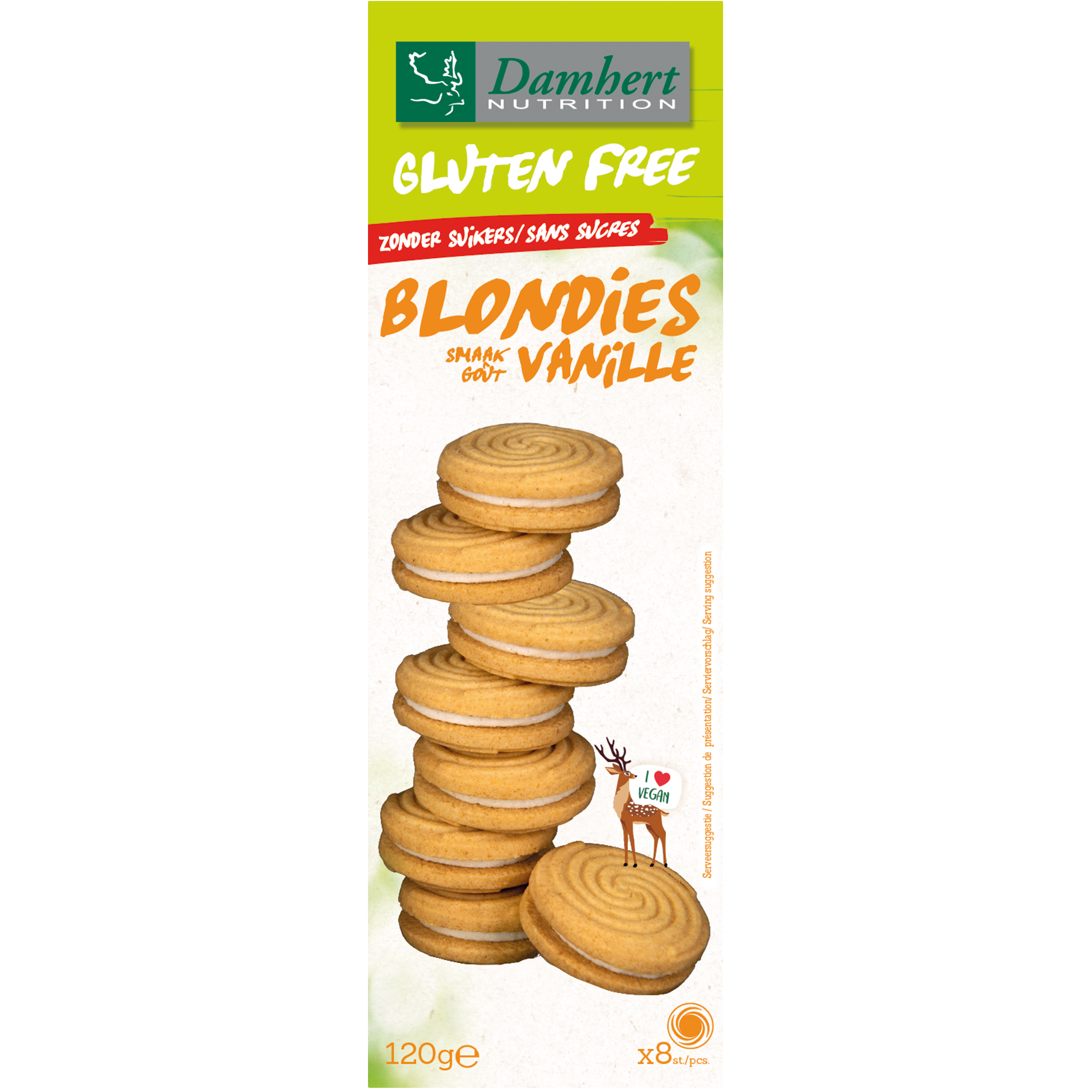 Damhert gluten-free blondies without sugar, 120g, showing golden-brown koeken with a soft texture and chocolate chips.