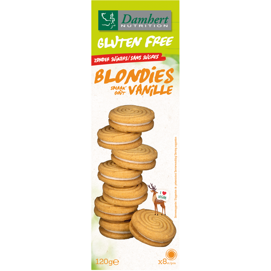 Damhert gluten-free blondies without sugar, 120g, showing golden-brown koeken with a soft texture and chocolate chips.