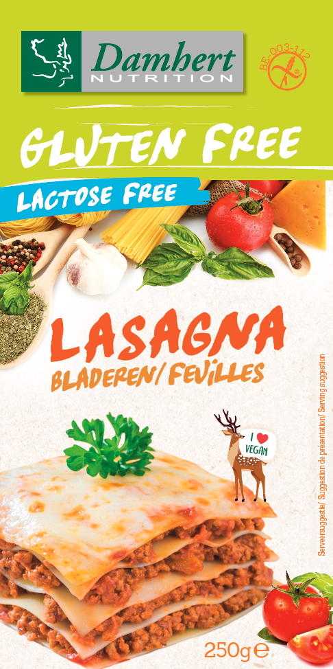 Gluten-free Damhert lasagne pasta in 250g package, showing uncooked lasagne sheets in a clear image.