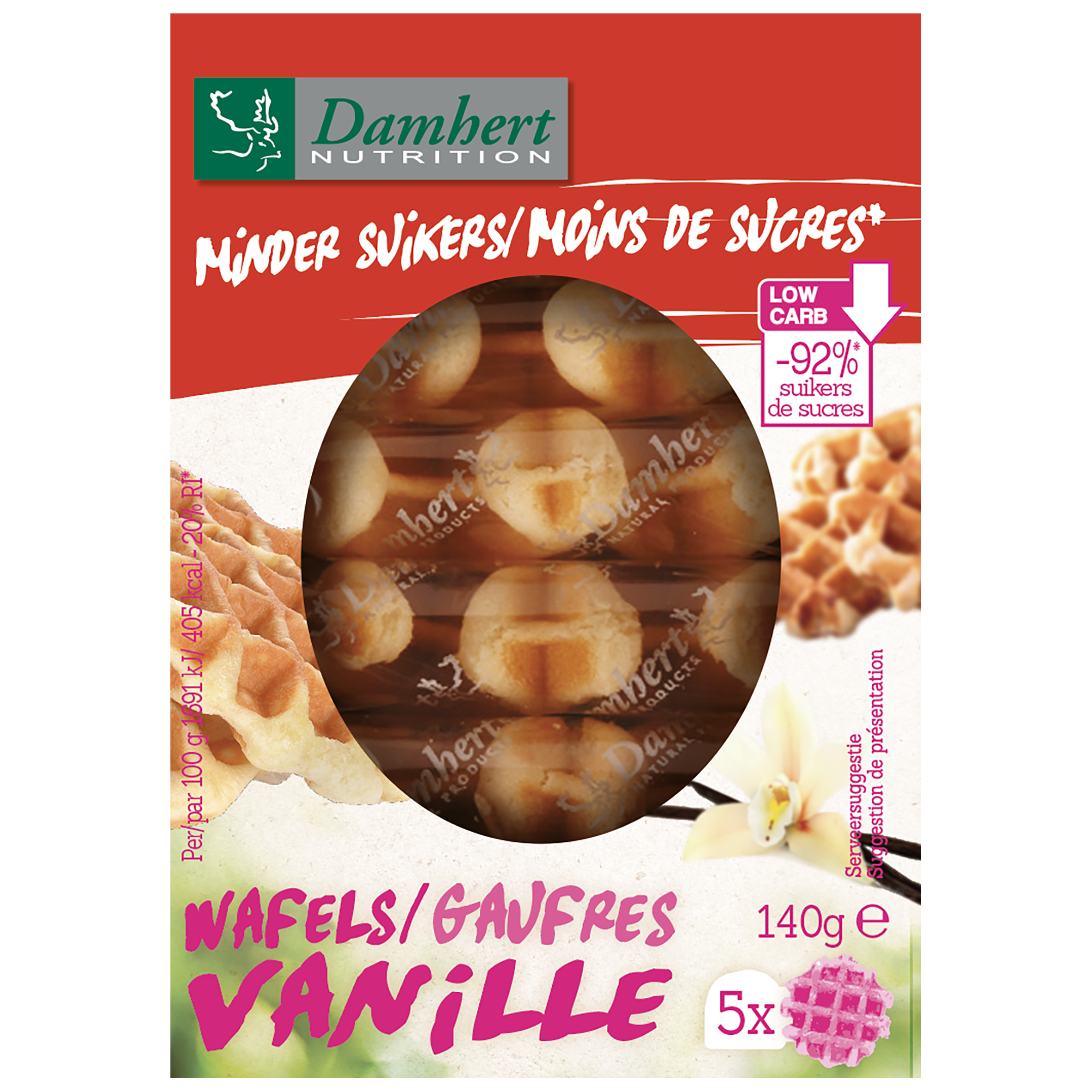 Damhert vanille koeken in 140g package, featuring golden-brown waffles with vanilla flavor and less sugar.