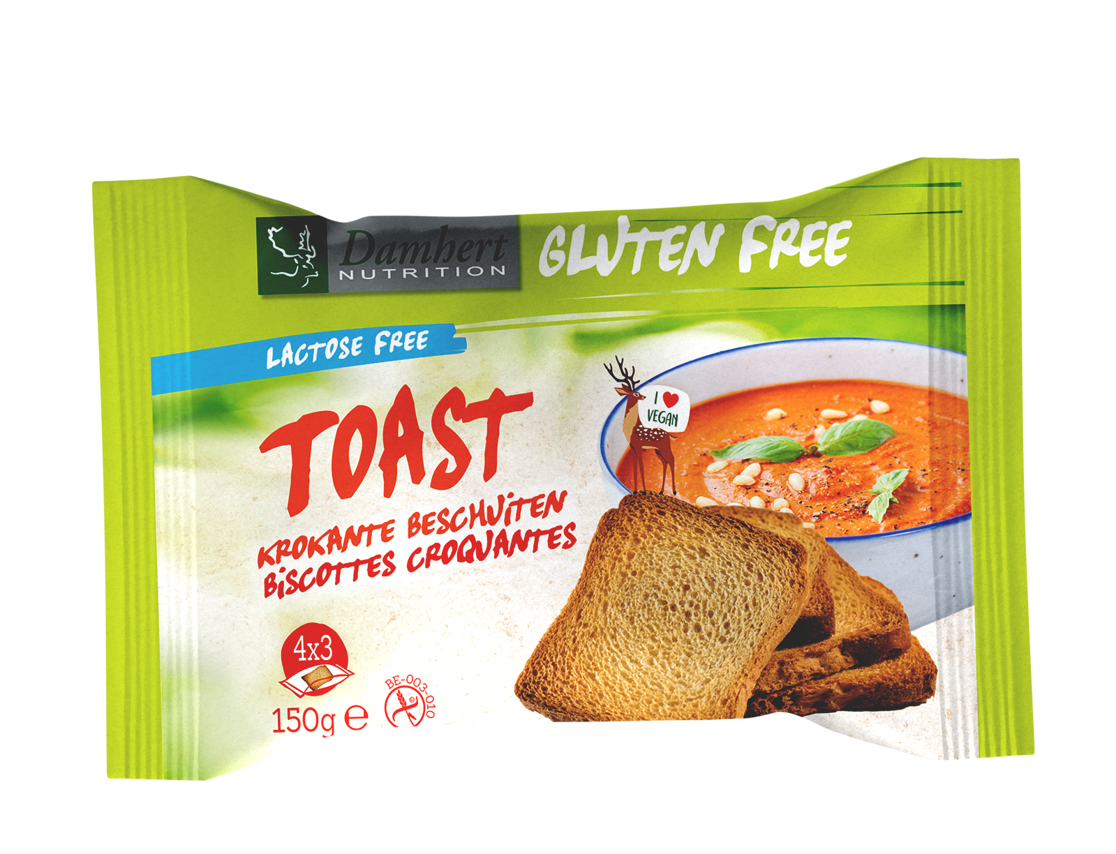 Damhert gluten-free toast bread in 150g package, showing sliced brown gluten-free bread for breakfast or snacks.