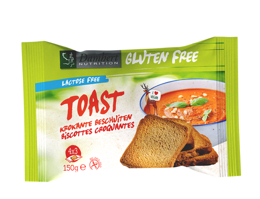 Damhert gluten-free toast bread in 150g package, showing sliced brown gluten-free bread for breakfast or snacks.