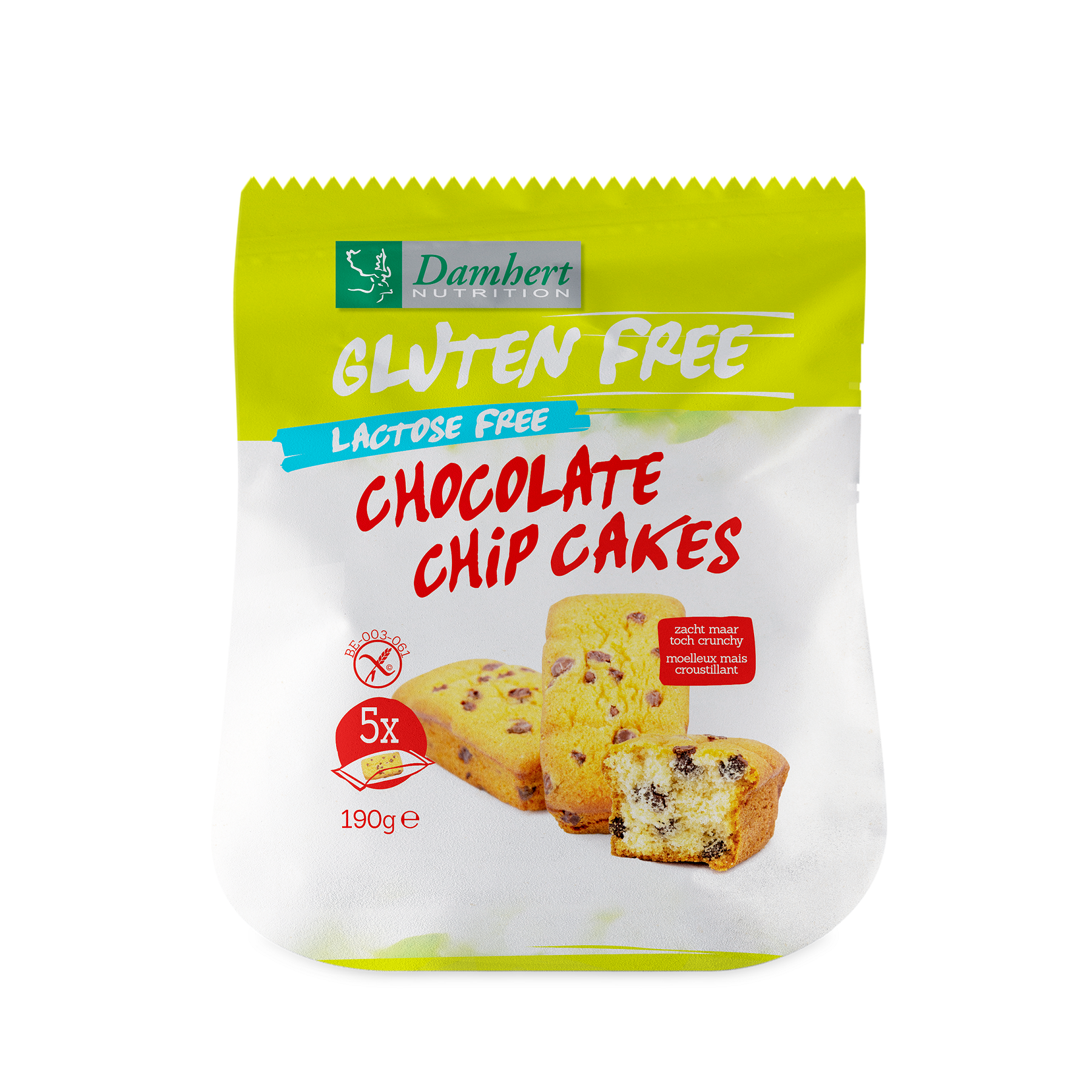 Damhert chocolate chip mini cakejes, small cookies with chocolate chips, 192 grams, fresh baked appearance.