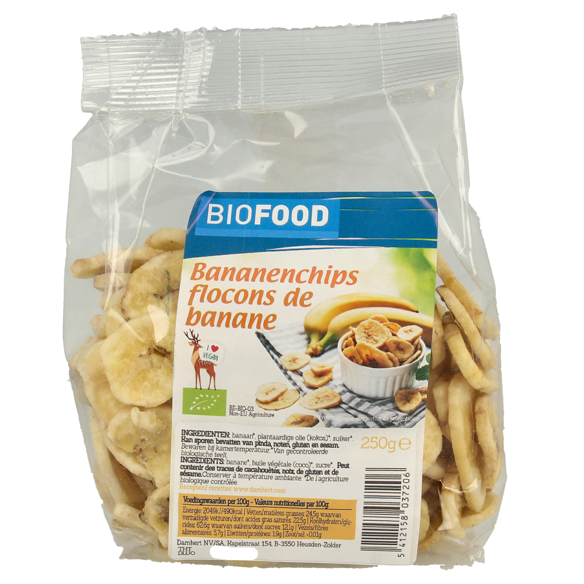 Biofood Bananenchips bio 250g, organic banana chips with a natural, crunchy texture and slight saltiness, in a clear package.