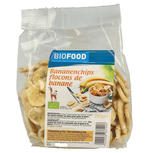 Biofood Bananenchips bio 250g, organic banana chips with a natural, crunchy texture and slight saltiness, in a clear package.