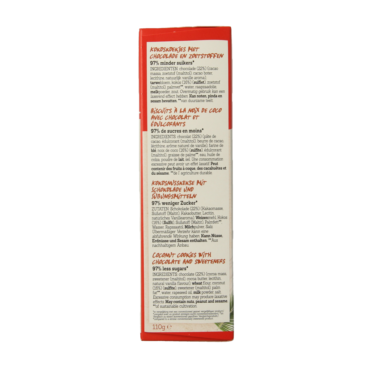 Damhert Kokoskoek chocolade low carb, 110g, a coconut-flavored low-carb cookie with chocolate from Damhert.