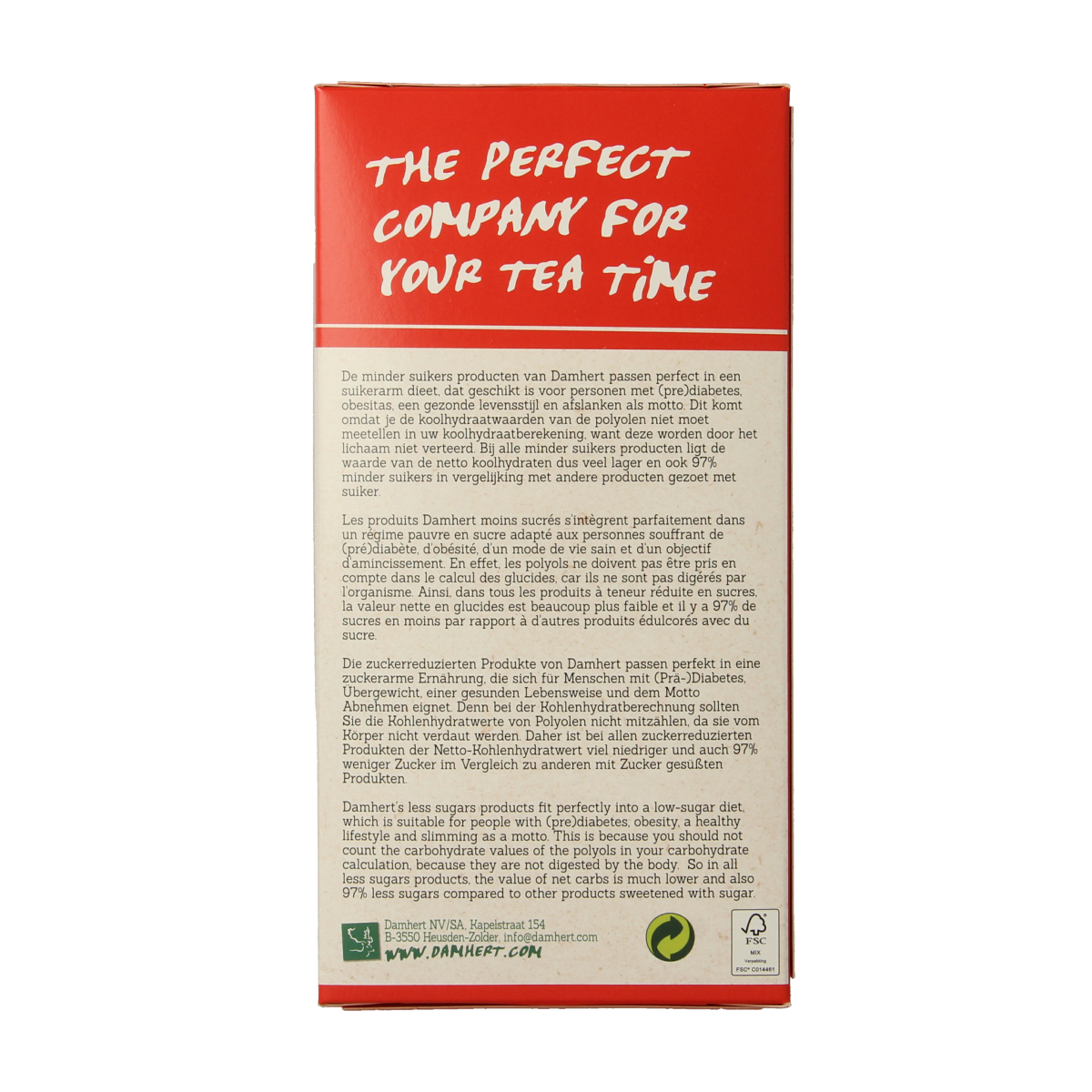 Damhert low carb kokoskoek chocolade cookie, 110 grams, showing a golden-brown coconut-flavored biscuit with chocolate coating.
