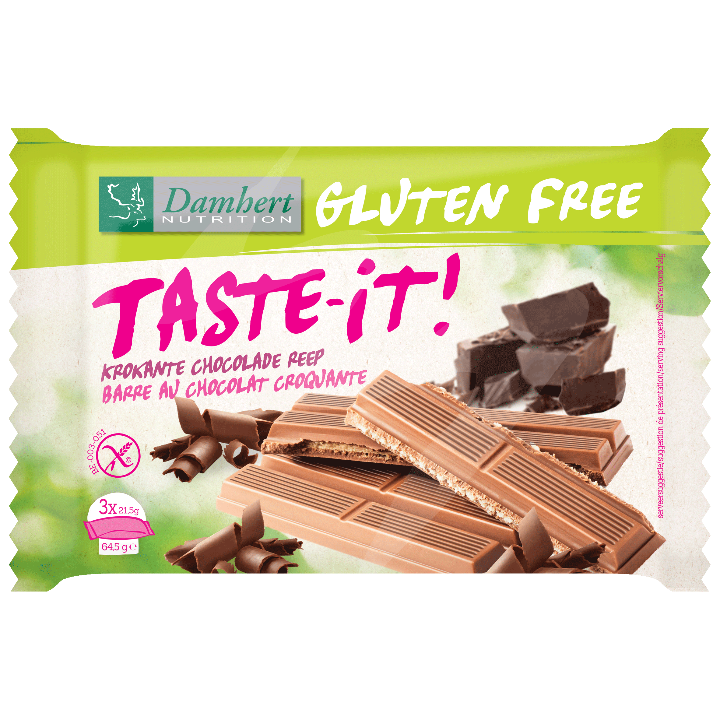 Damhert Taste-it snack pack with three 64.5g snack bars, crispy and tasty, ideal for quick bites and on-the-go snacking.