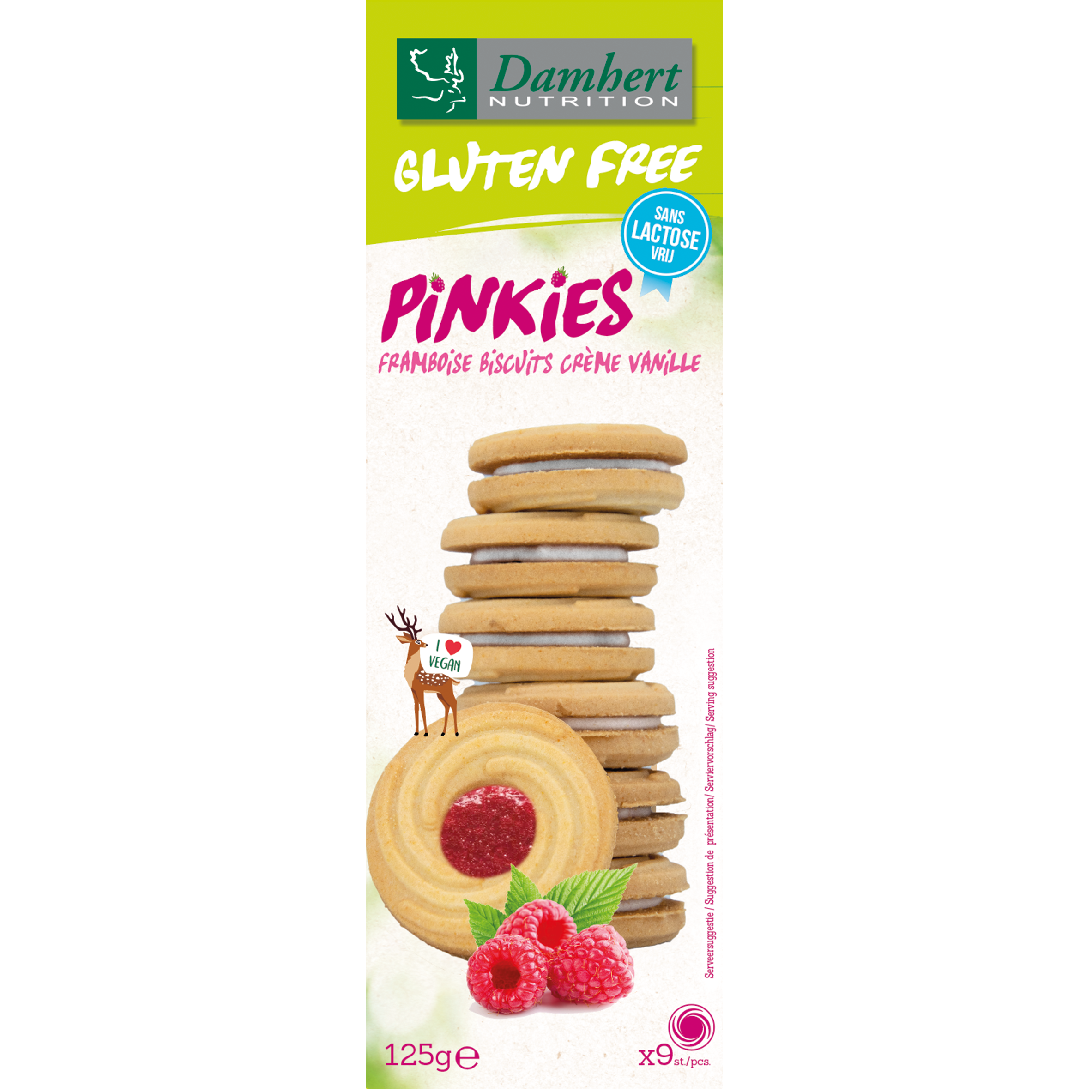 Damhert Pinkies biscuits with raspberry flavor, 125g, shown in a package with pink and raspberry imagery.