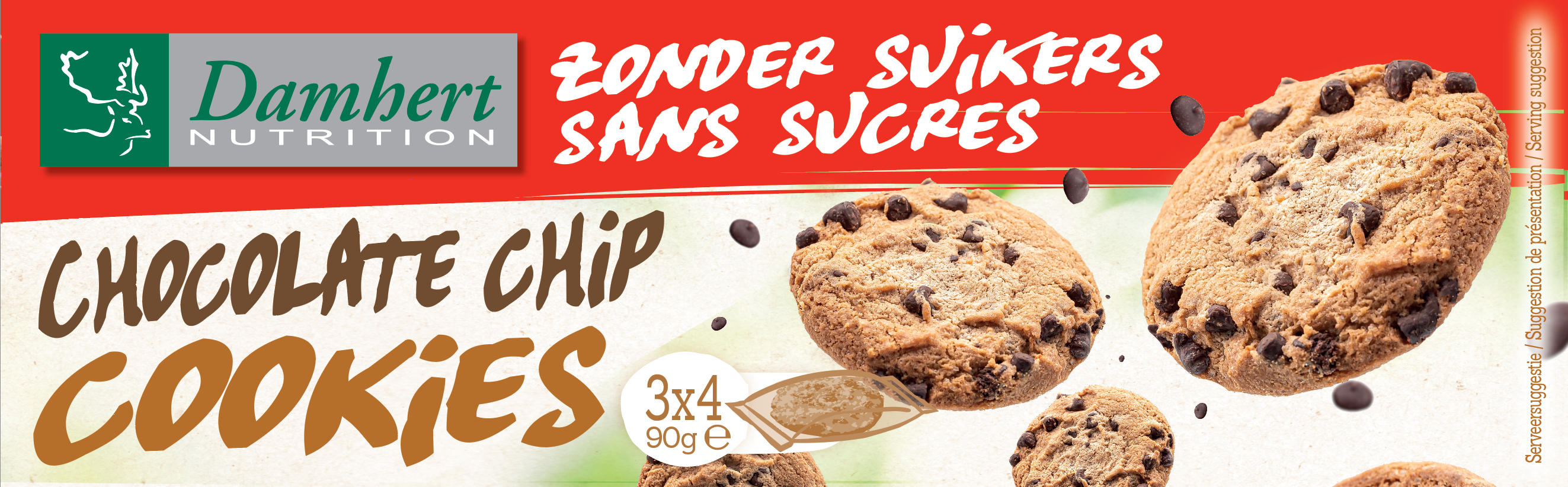 Damhert chocolate chips cookie koeken, 90 grams, showing golden-brown cookies with chocolate chips on top.