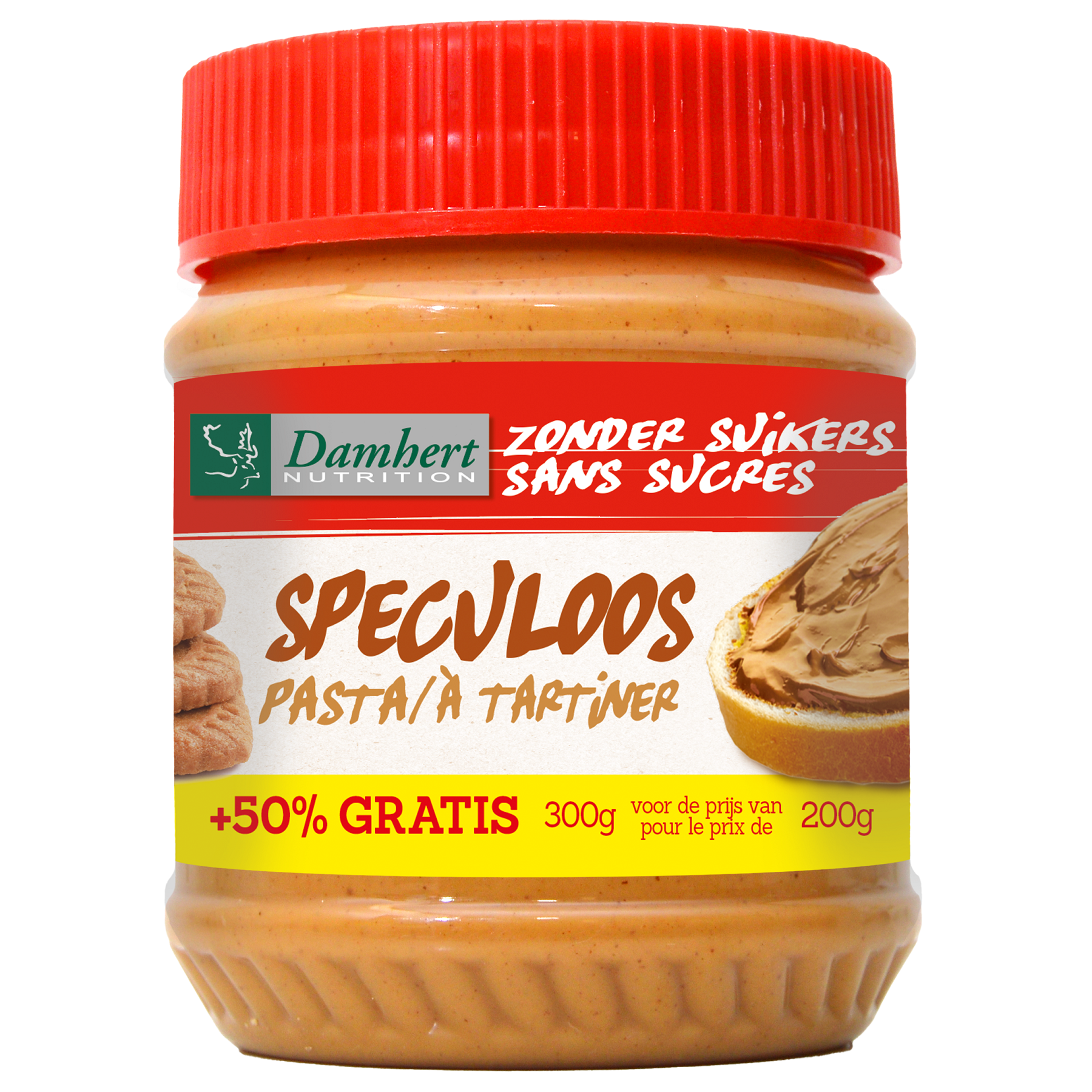 Damhert Speculoospasta spread on a slice of bread, 200 grams jar with label visible, ideal for breakfast or snacks.