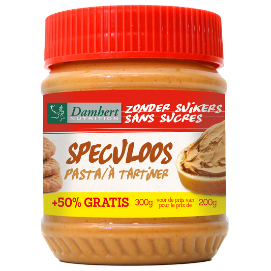Damhert Speculoospasta spread on a slice of bread, 200 grams jar with label visible, ideal for breakfast or snacks.