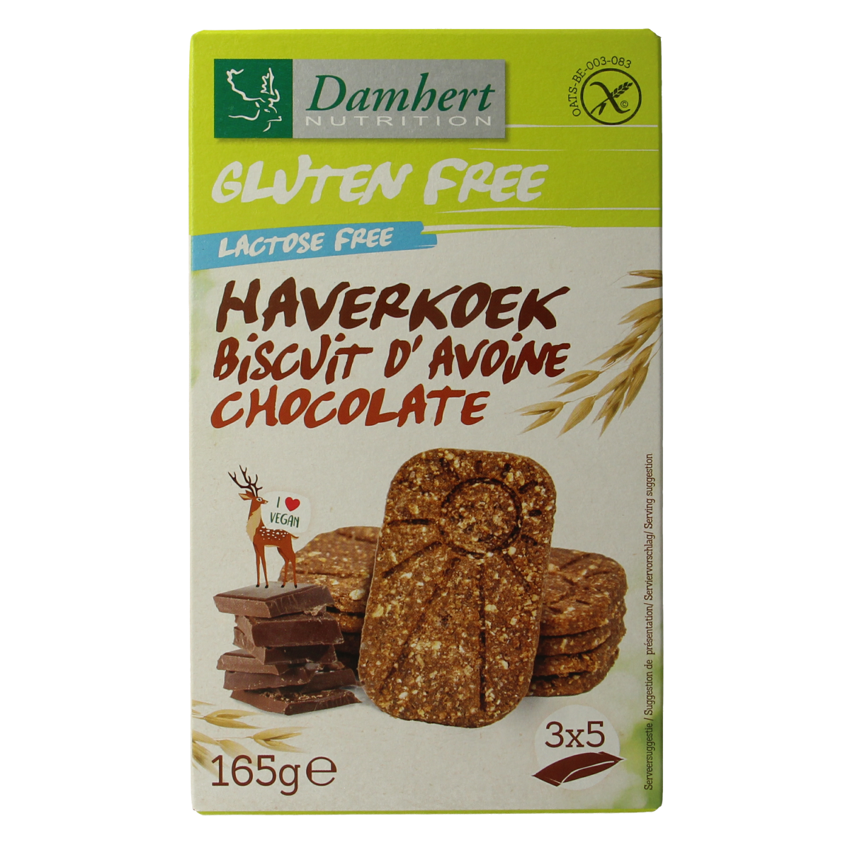 Damhert gluten-free oat cookies with chocolate, 165g package, showing golden-brown crunchy biscuits with chocolate chips.