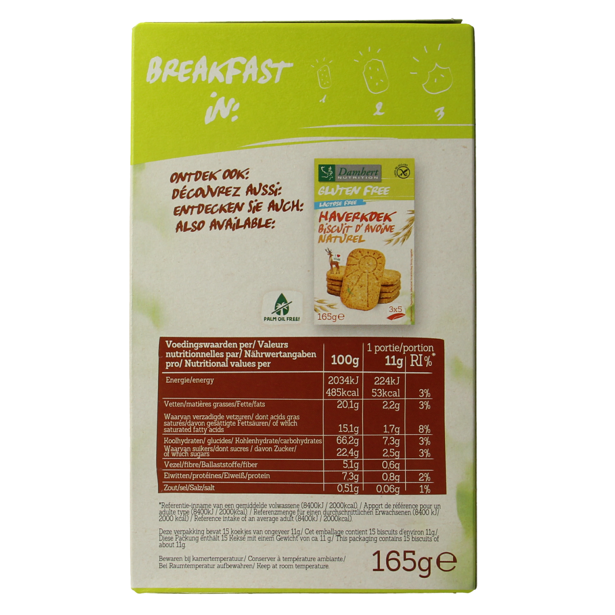 Damhert gluten-free chocolate oat cookies in a 165g package, showing the crispy, chocolate-dusted koeken on the front.