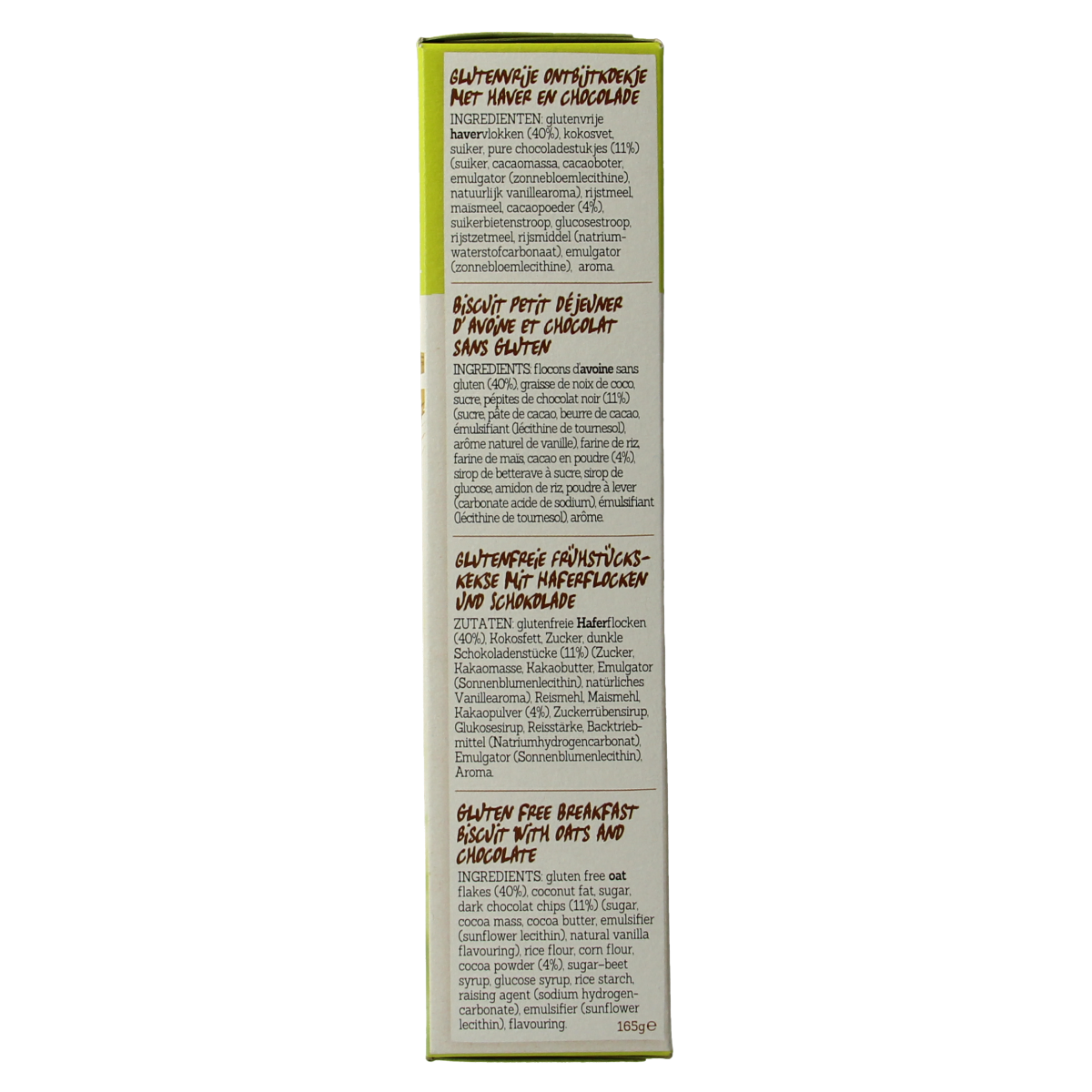 Damhert gluten-free chocolate oat cookies in 165g package, showing crispy, chocolatey oat biscuits with a golden-brown appearance.