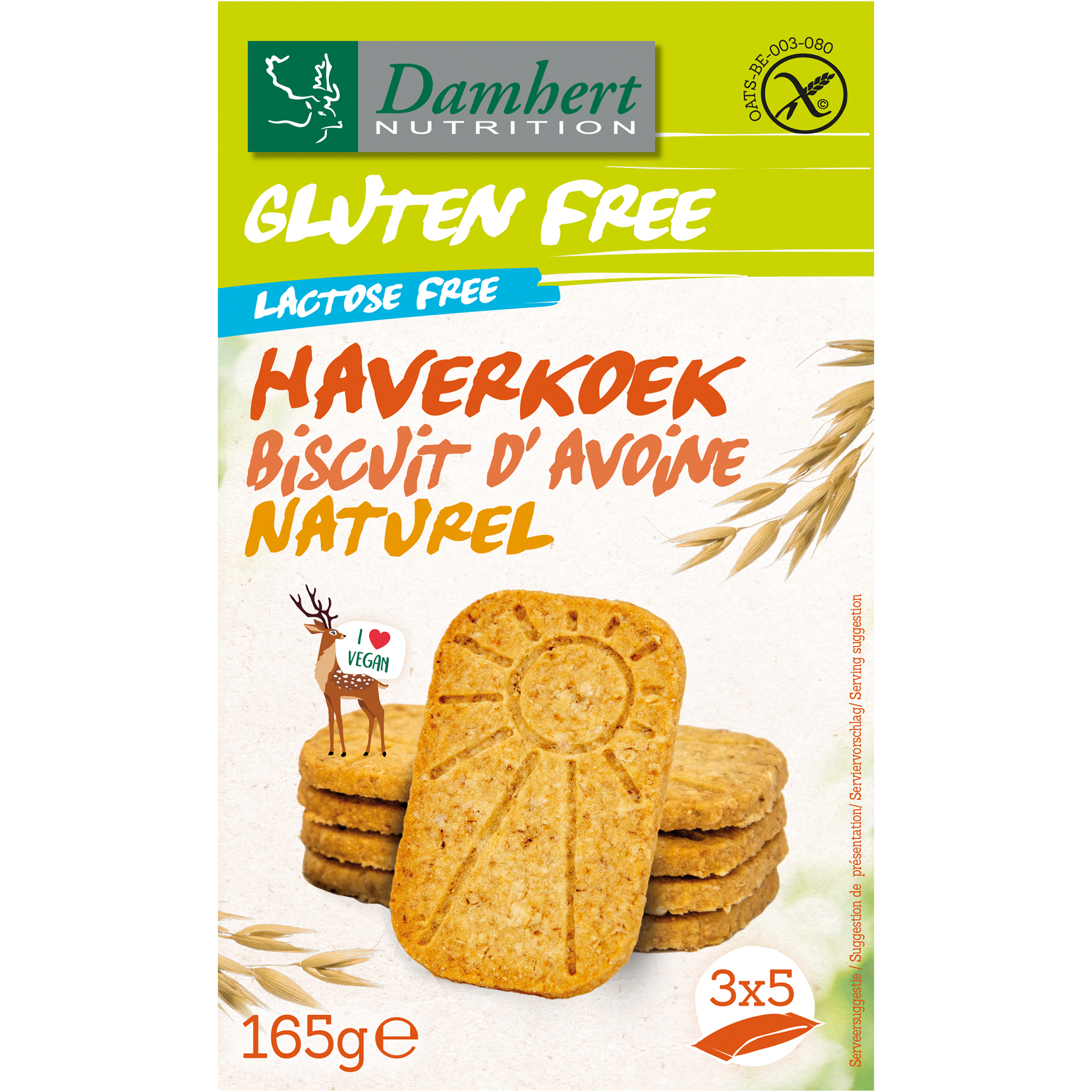 Damhert glutenvrije haverkoekjes koeken in 165g package, natural oats with a crispy texture and golden color.