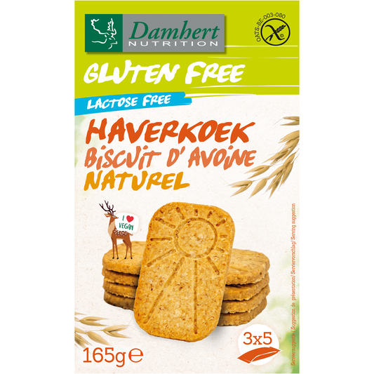 Damhert glutenvrije haverkoekjes koeken in 165g package, natural oats with a crispy texture and golden color.