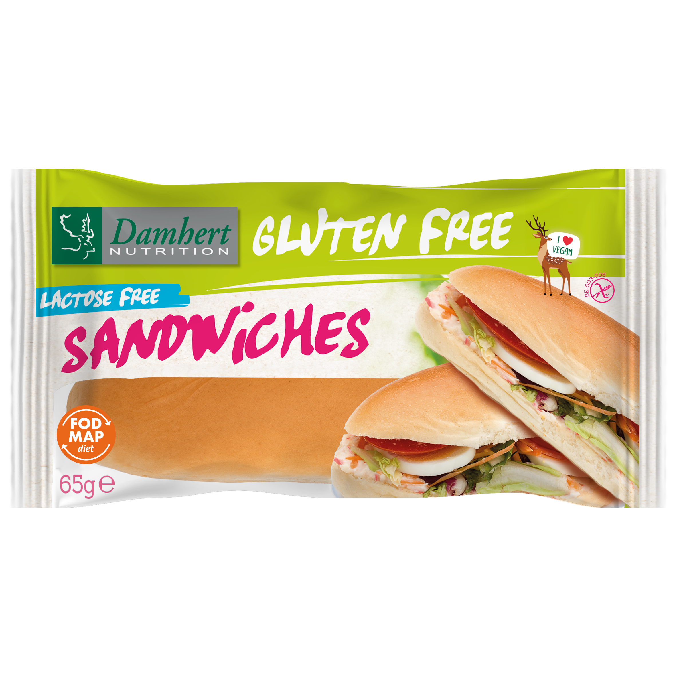 Damhert gluten-free sandwich bread slice on a white background, showcasing the packaging and product details.