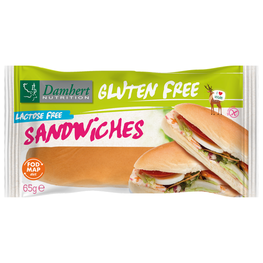 Damhert gluten-free sandwich bread slice on a white background, showcasing the packaging and product details.