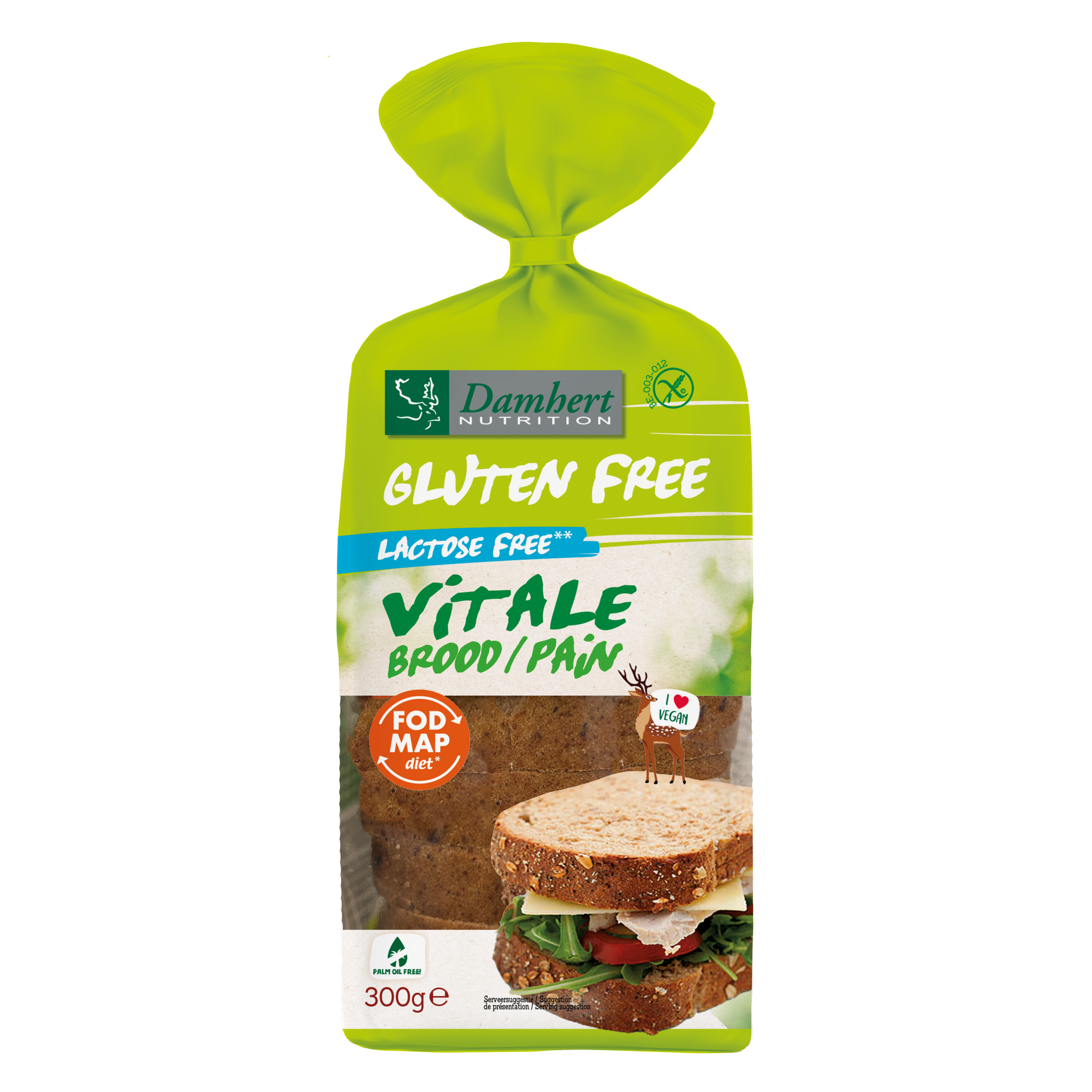Damhert Vitale gluten-free bread and crackers package, 300 grams, with a clear view of the branded product packaging.