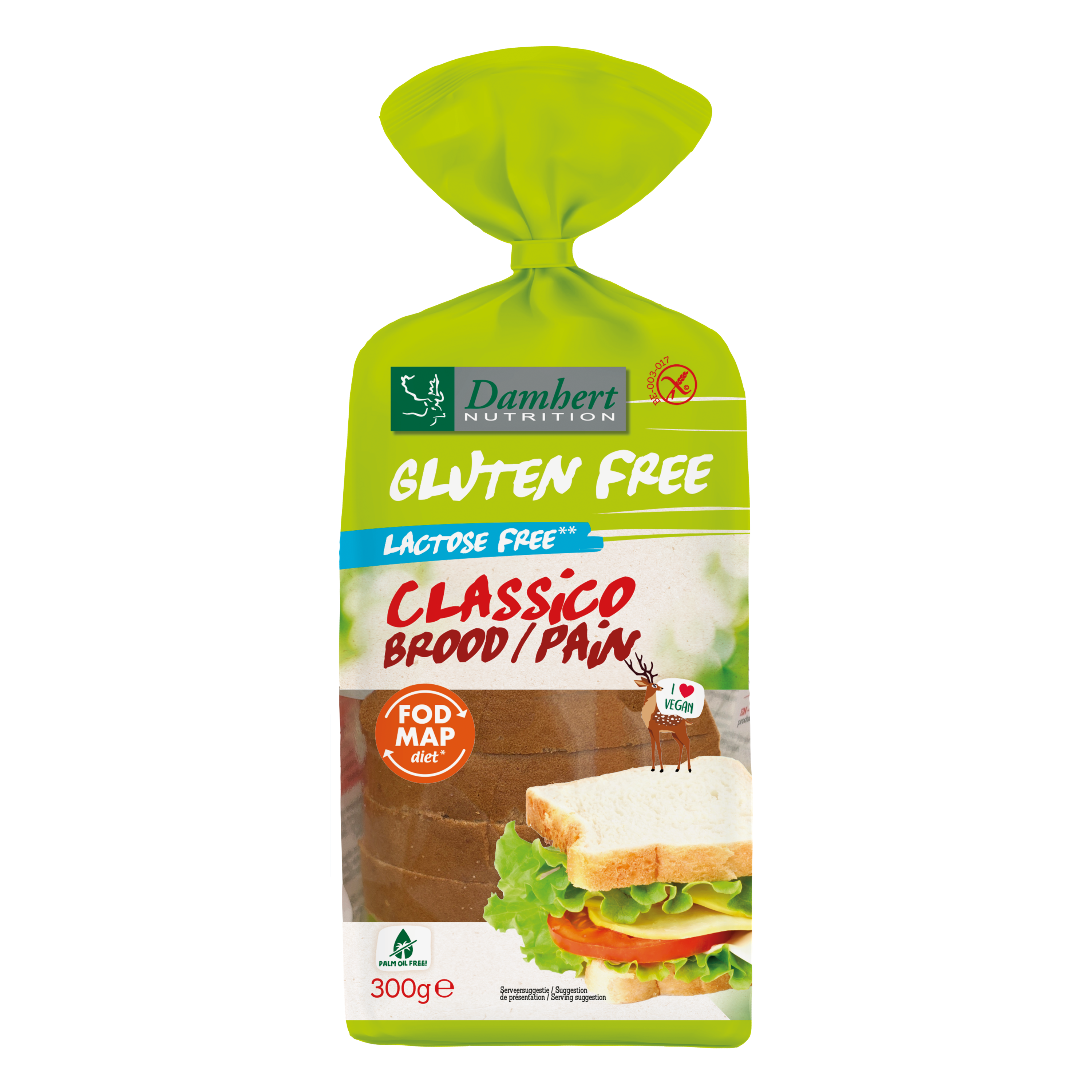 Damhert Classico gluten-free bread loaf in 300g package, featuring a golden crust and soft interior on a white background.