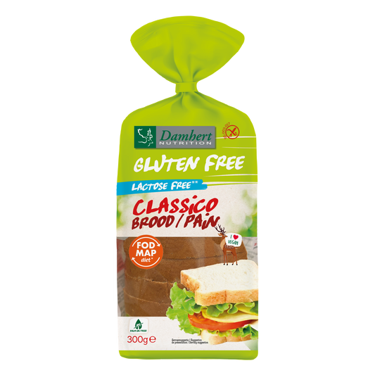 Damhert Classico gluten-free bread loaf in 300g package, featuring a golden crust and soft interior on a white background.
