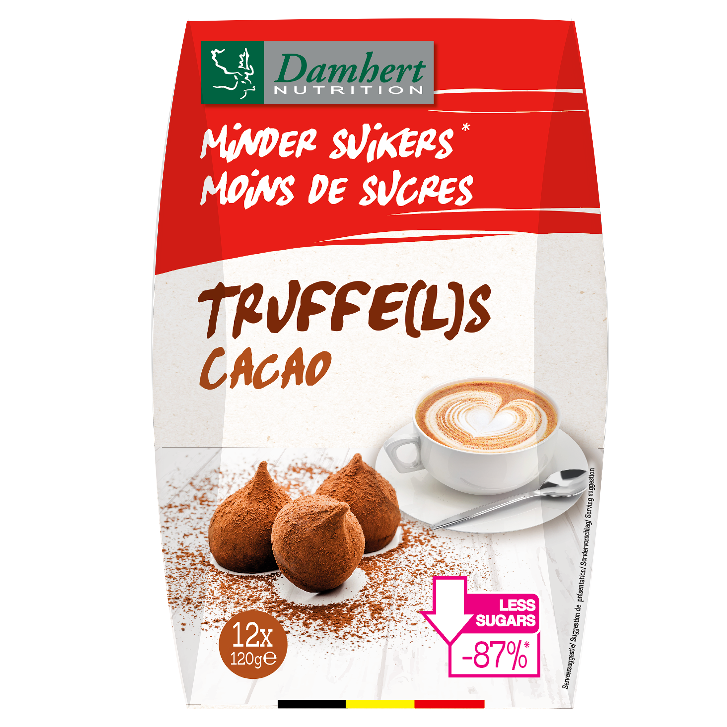 Damhert Truffels minder suiker, 120g, Belgian snoepgoed with chocolate truffles and reduced sugar content, in a colorful package.