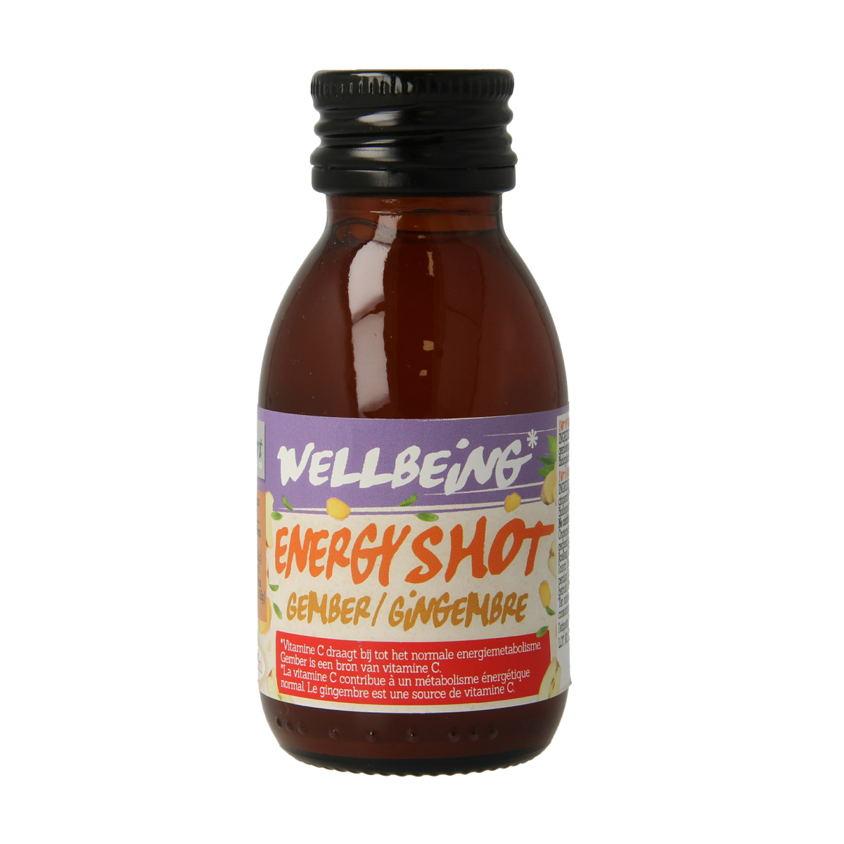 Damhert Bio Ginger Energy Shot 75ml bottle, featuring fresh ginger and natural ingredients, on a white background.