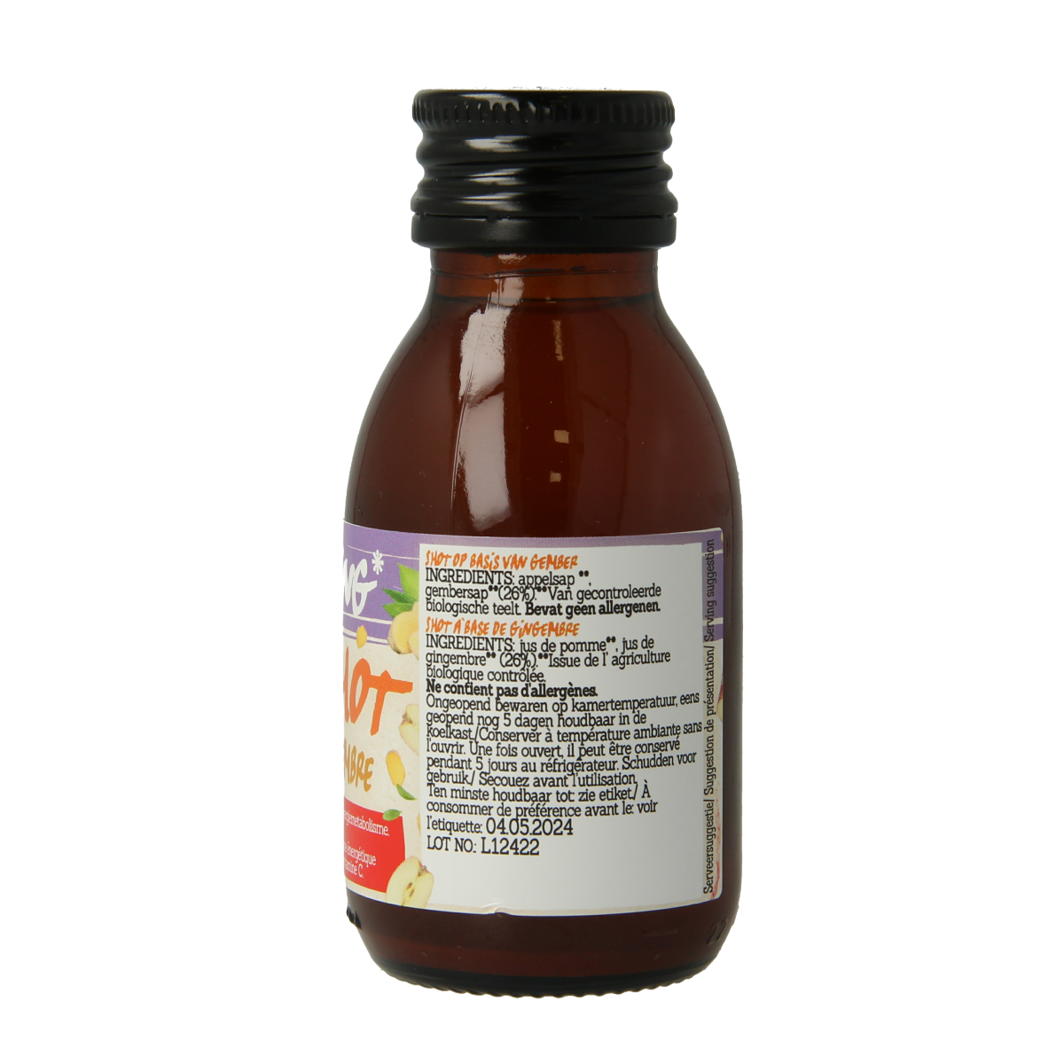 Damhert Bio Ginger Energy Shot in 75ml bottle, featuring fresh ginger roots and vibrant label design.