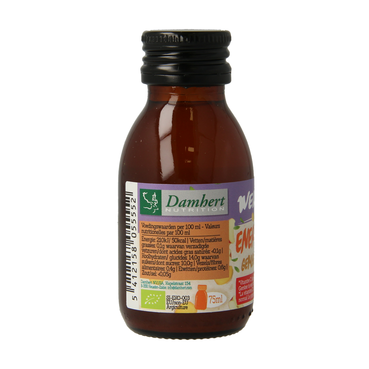 Damhert Bio Ginger Energy Shot in 75ml bottle, natural drink with ginger flavor, for a boost of energy.
