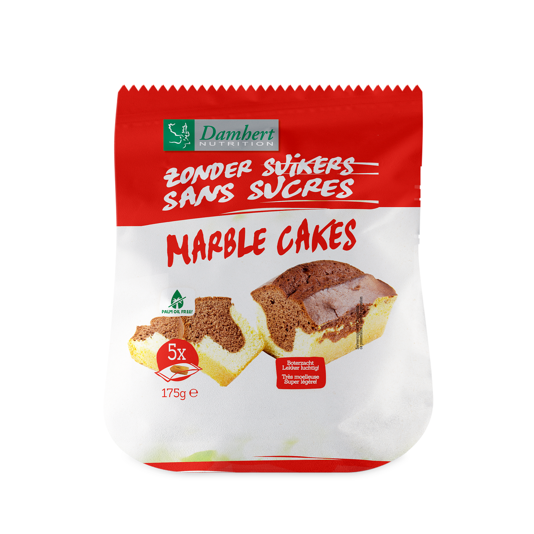 Damhert Marmercakes zonder suikers, 175g, display of delicious sugar-free marble cookies with marbled appearance.