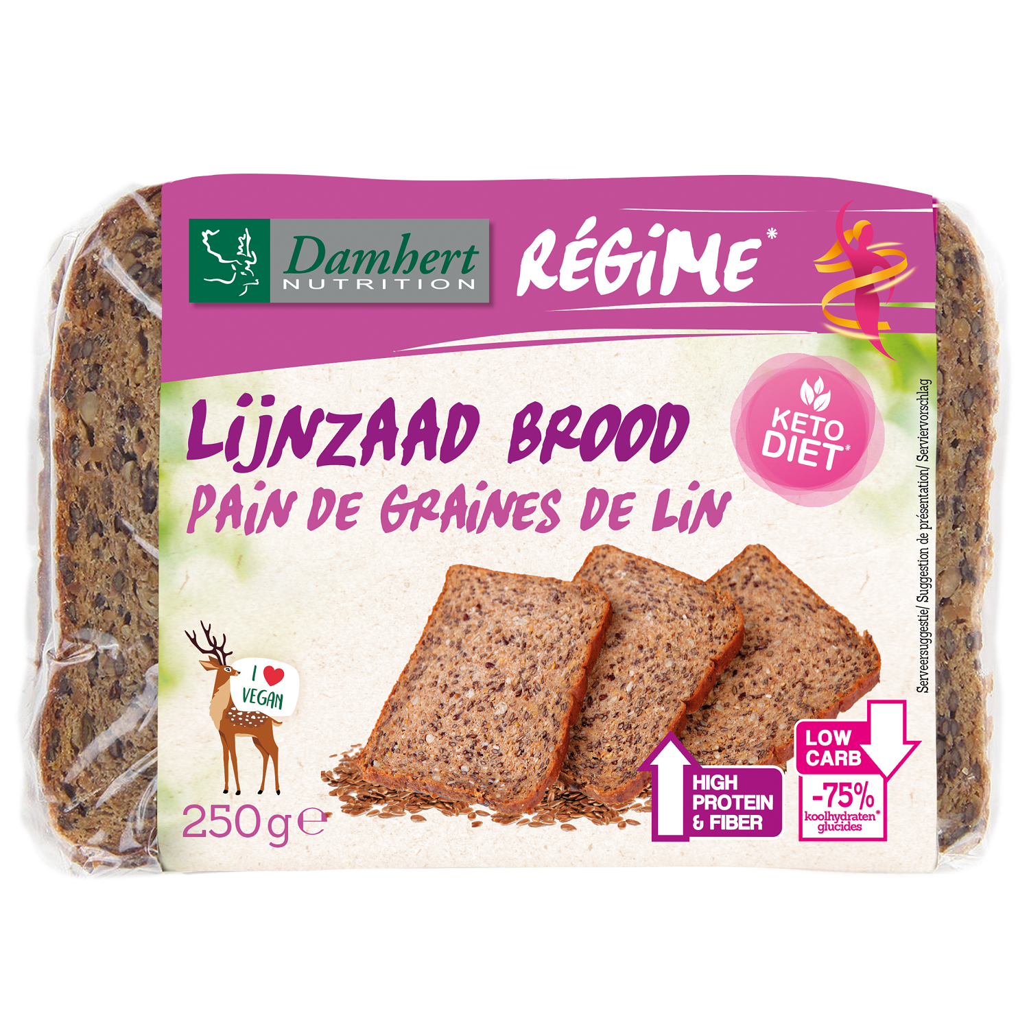 Damhert Lijnzaadbrood low carb, 250g, showing fresh sliced flaxseed bread in a bakery setting.