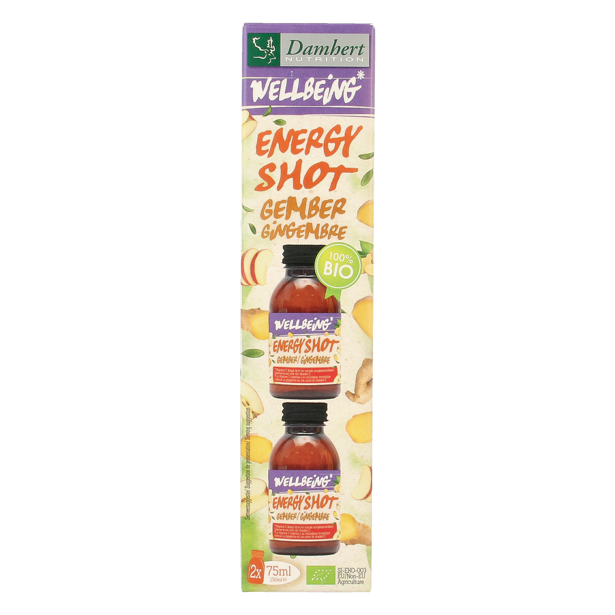 Damhert Energy Shot Gember Duo herbal supplement in 150g packaging, showing ginger root and herbal blend on the label.
