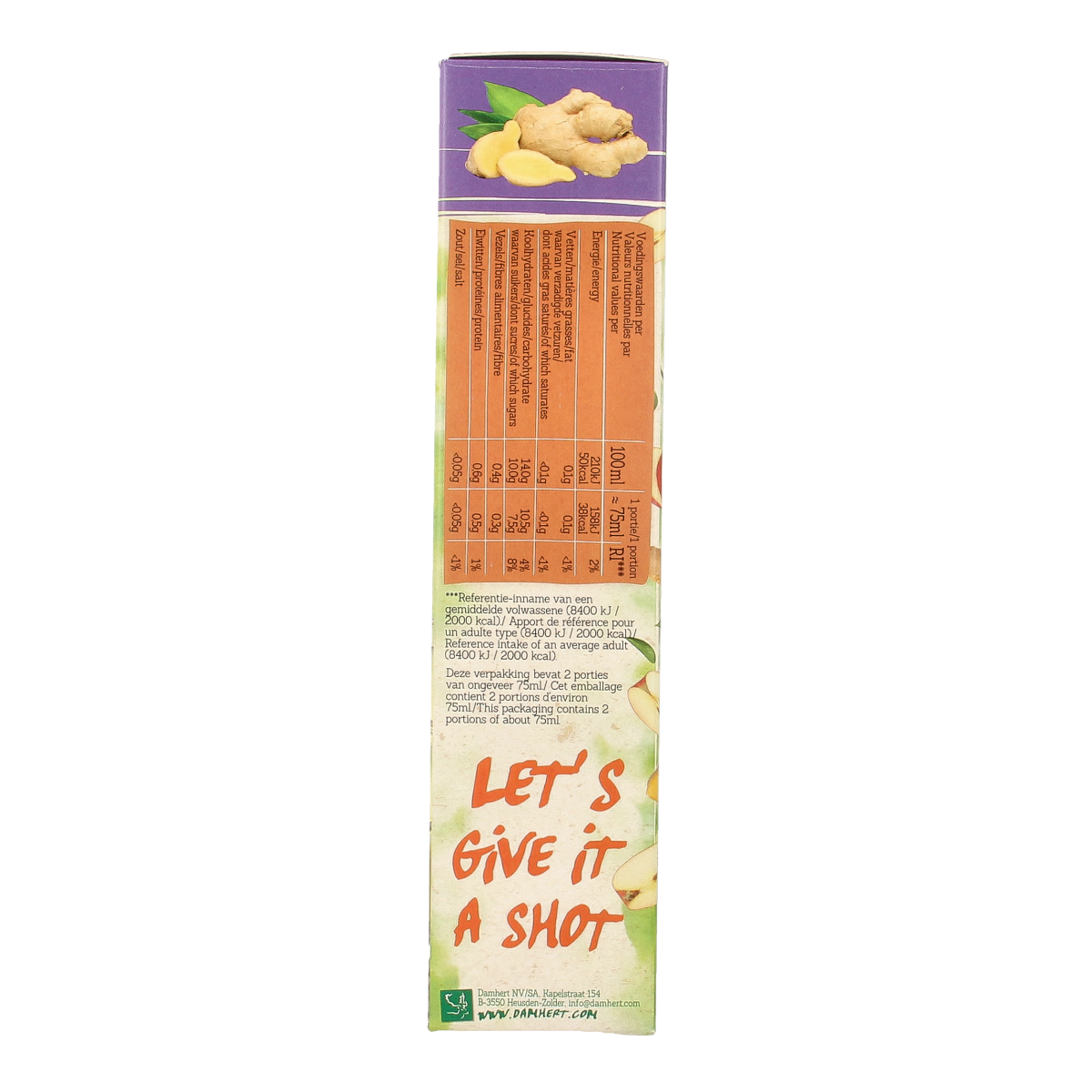 Damhert Energy shot gember duo herbal preparation in 150g package, showing fresh ginger and herbal ingredients.