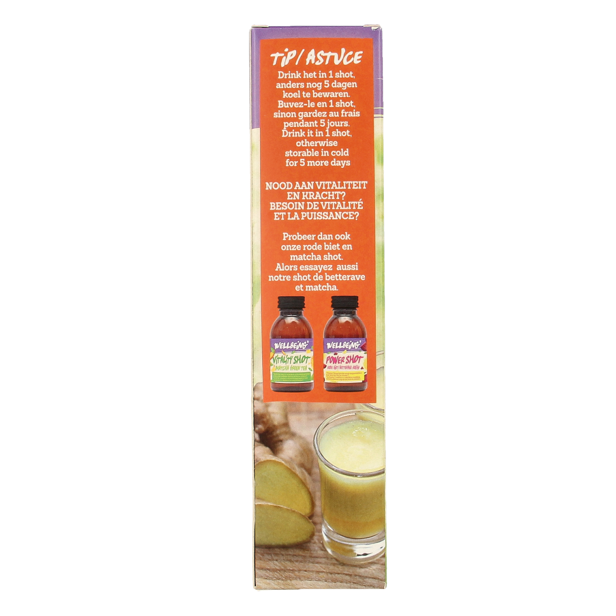 Damhert Energy shot gember duo herbal supplement in 150g package, featuring fresh ginger roots and herbal ingredients.
