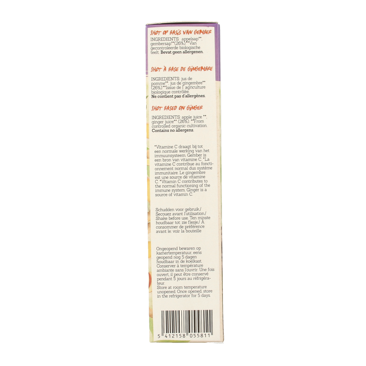 Damhert Energy shot gember duo herbal supplement, 150g, featuring fresh ginger root in clear packaging.