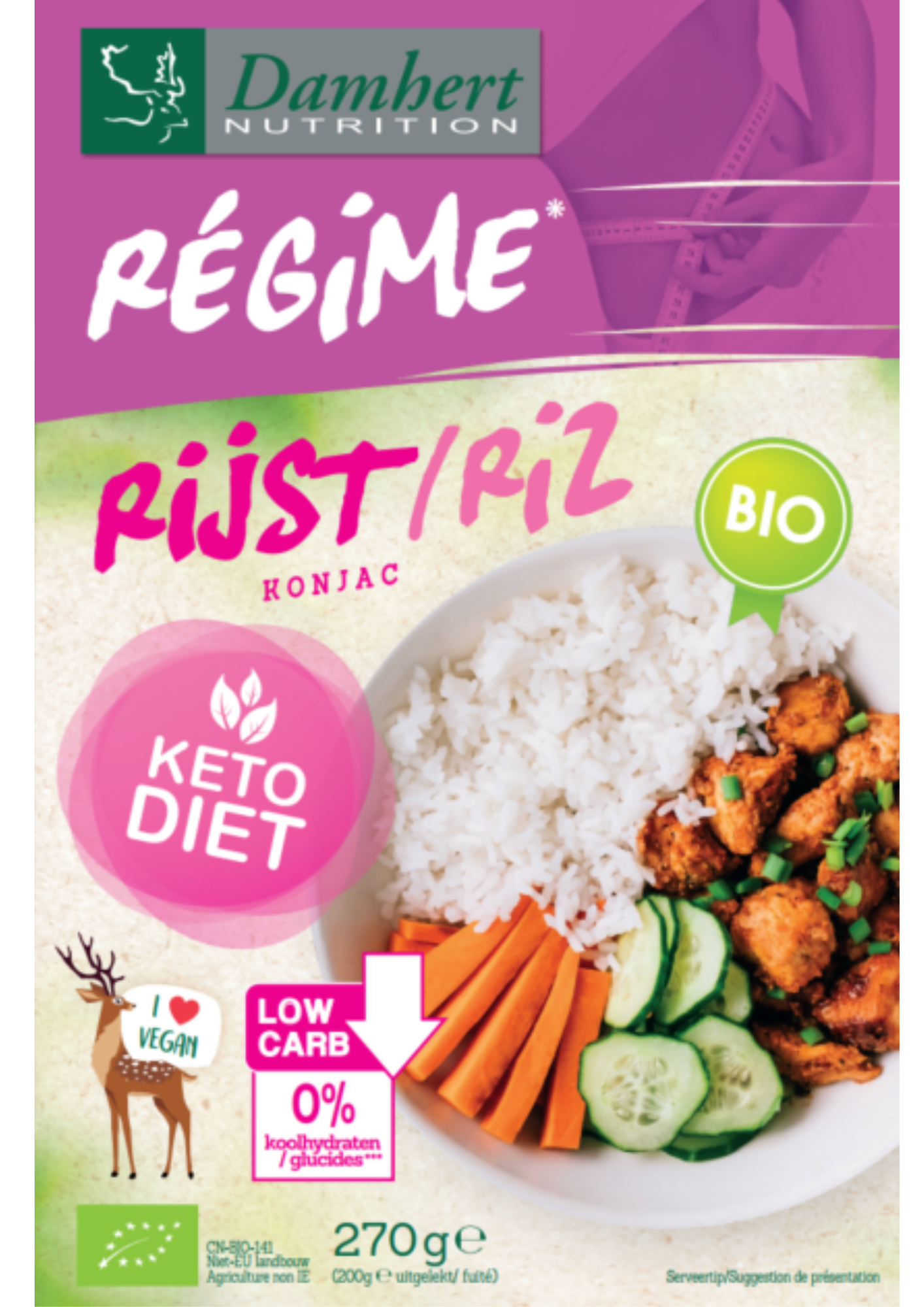 Damhert organic brown rice package, 270 grams, in a clear view showing the rice grains and packaging label.