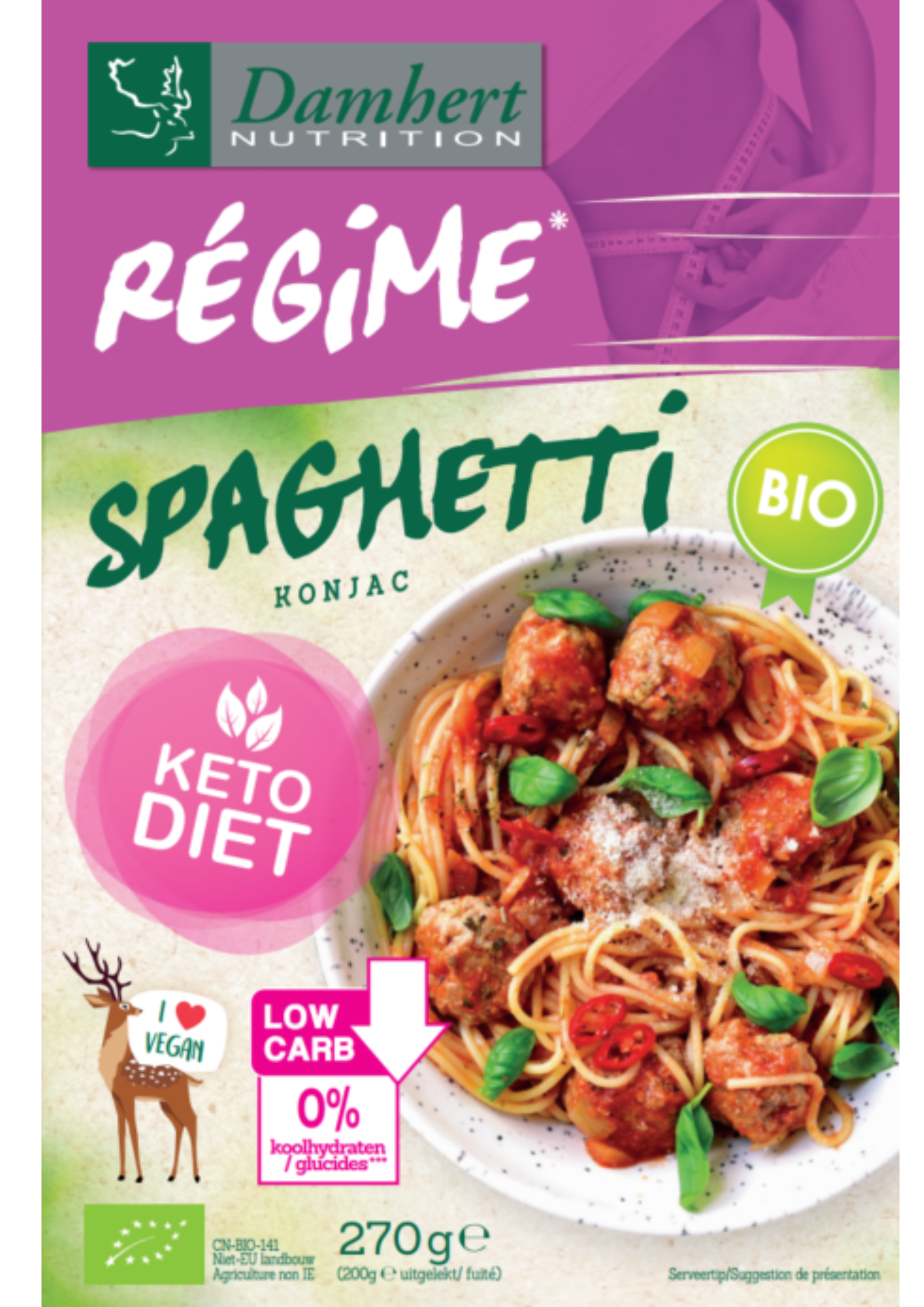 Damhert Regime organic spaghetti pasta in 270g package, featuring uncooked long, thin wheat pasta on a white background.