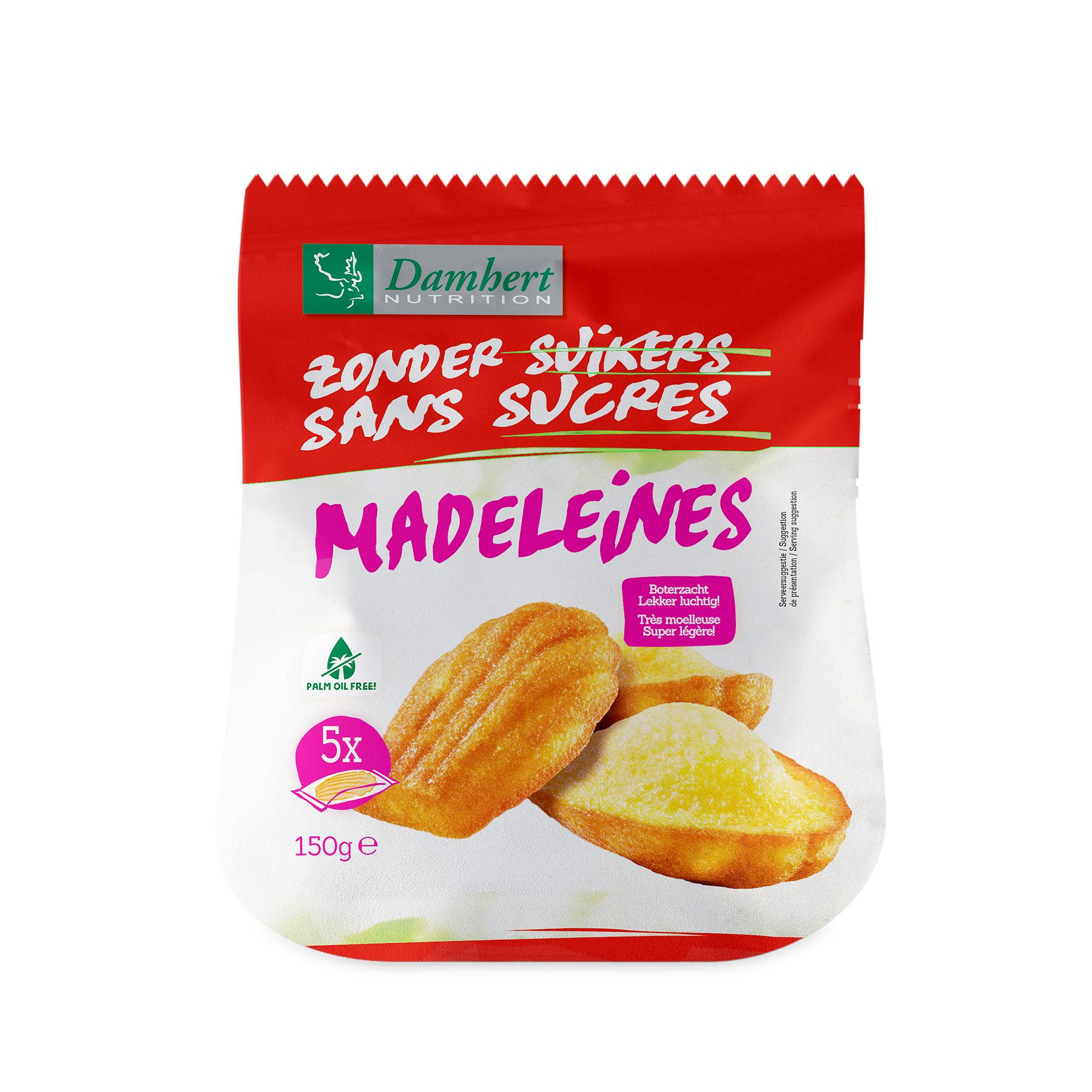 Damhert Madeleines zonder suiker, 150g, soft, golden sugar-free cookies on a white plate.