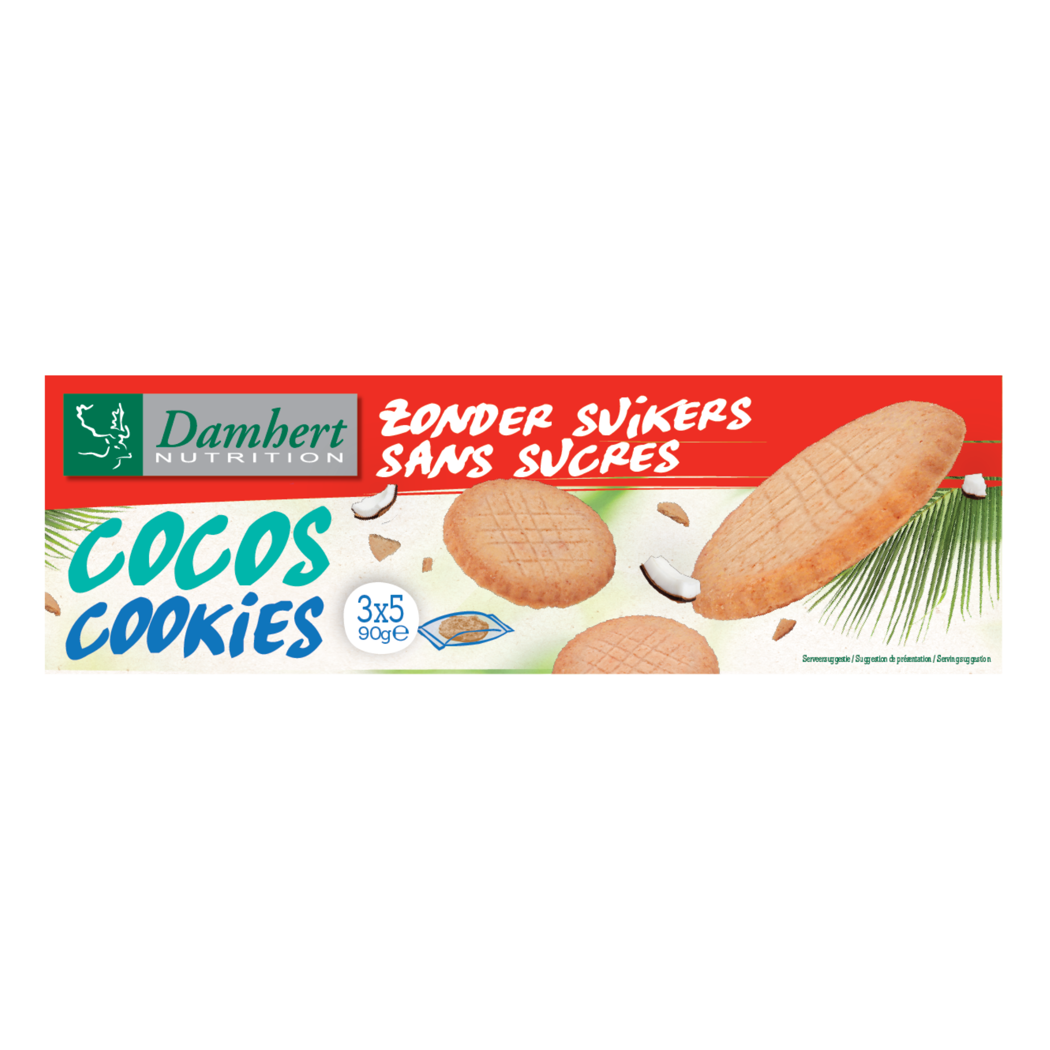 Damhert Cocos cookies zonder suikers, 90g, showing golden coconut-flavored koeken with coconut flakes on top.