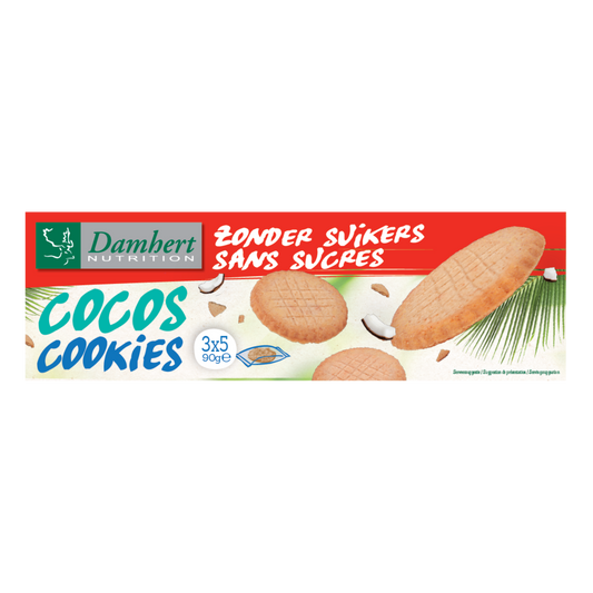Damhert Cocos cookies zonder suikers, 90g, showing golden coconut-flavored koeken with coconut flakes on top.