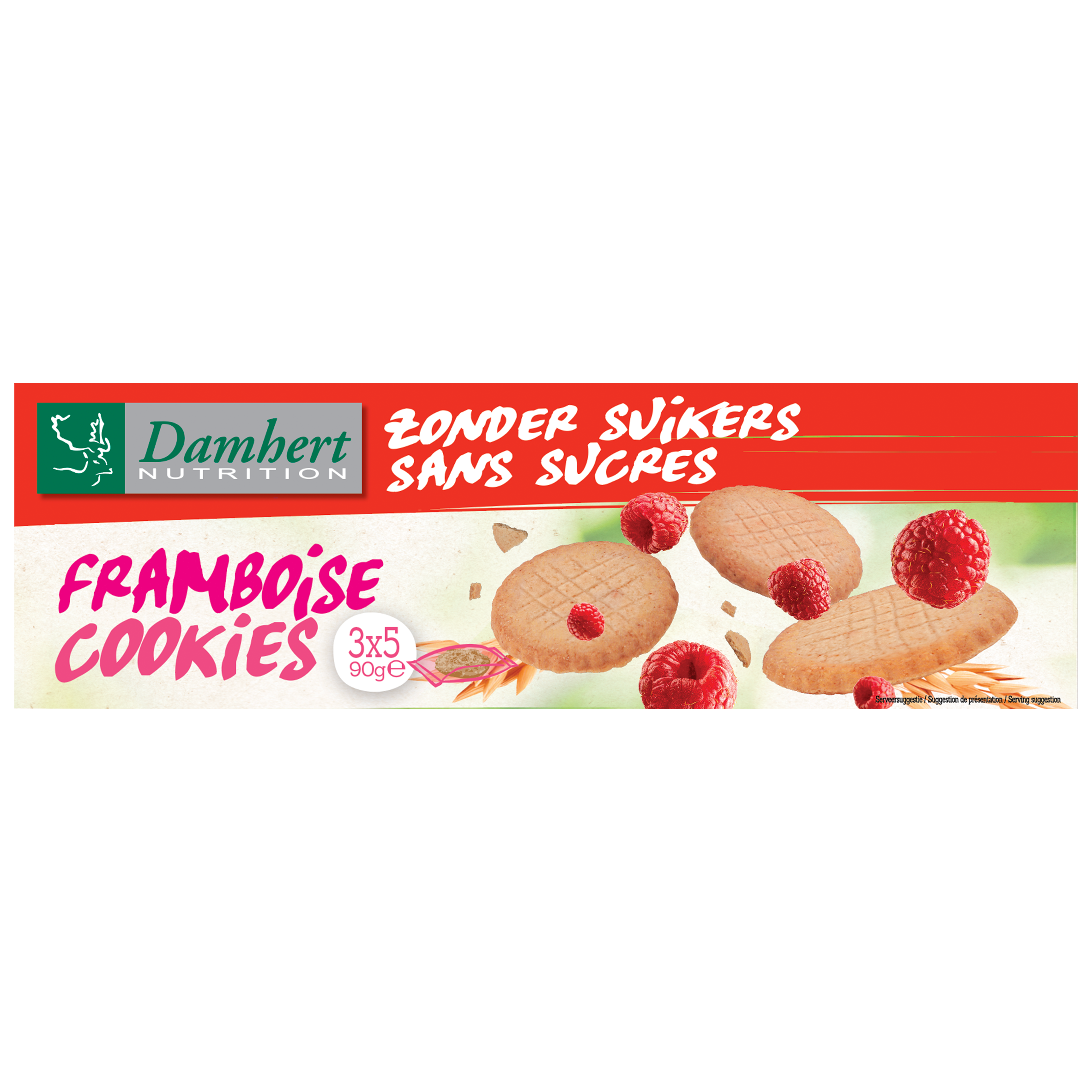 Damhert Framboise cookies in a 90g package, featuring raspberry-flavored koeken with a crispy texture and vibrant raspberry filling
