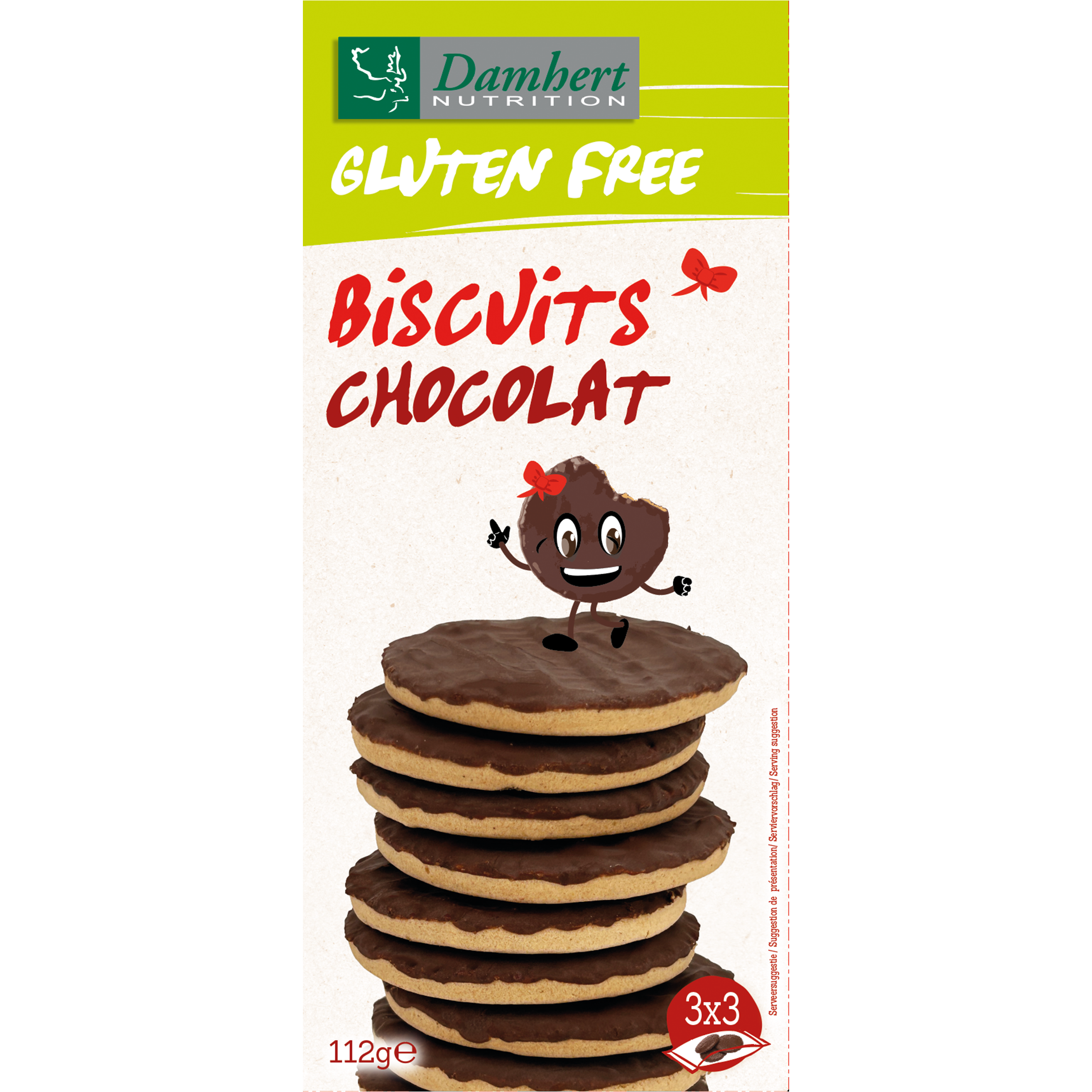 Damhert gluten-free chocolate biscuits, 112g, showing a package of delicious chocolate-flavored cookies on a white background.