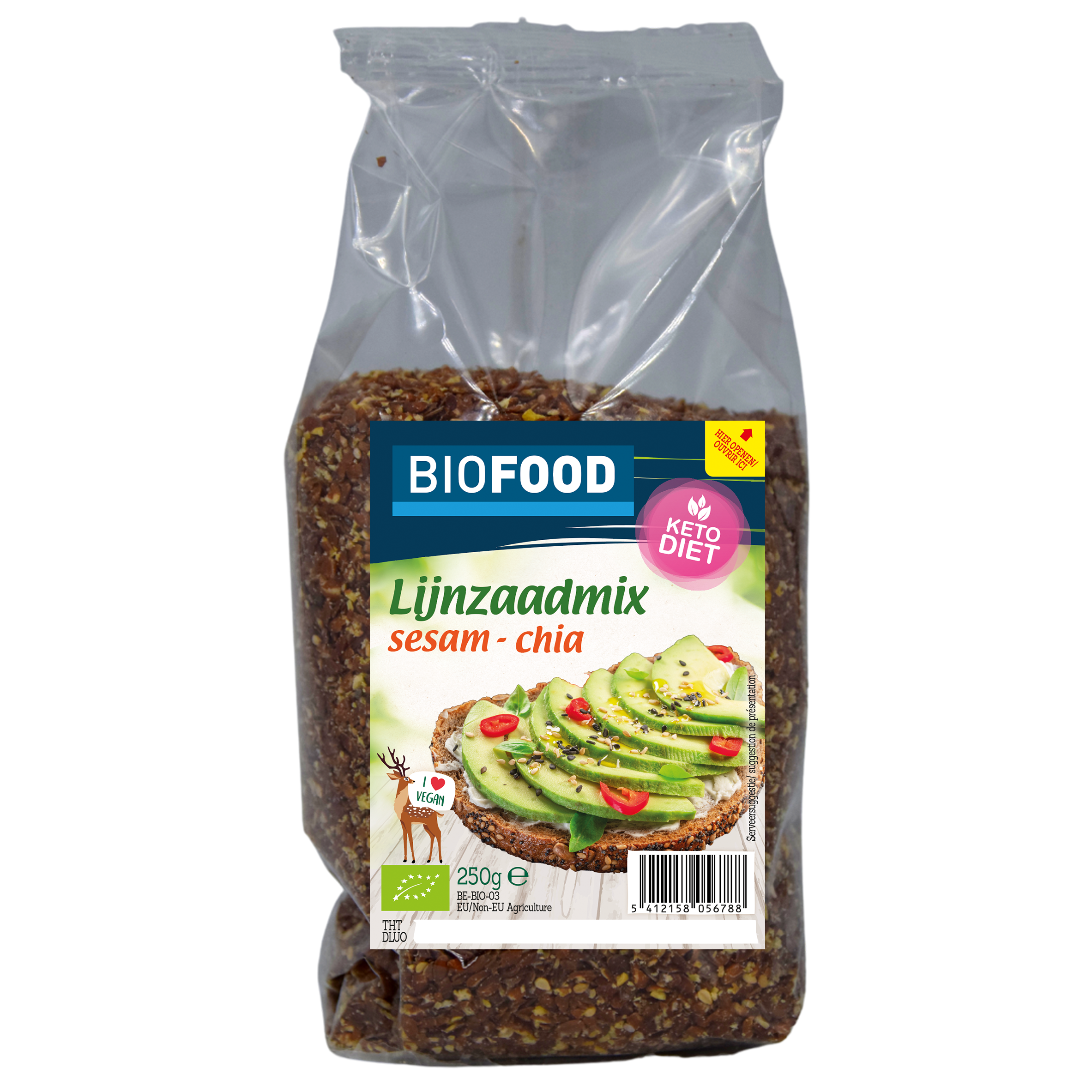 Biofood raw superfood mix with organic flaxseed, sesame, and chia seeds in a 250g package, showcasing the mixed seeds.