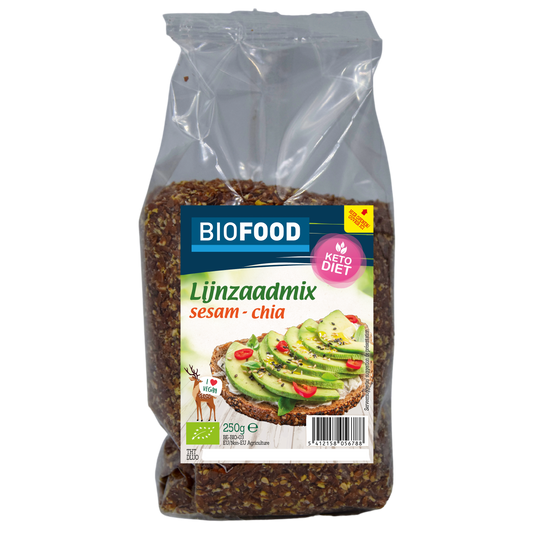 Biofood raw superfood mix with organic flaxseed, sesame, and chia seeds in a 250g package, showcasing the mixed seeds.