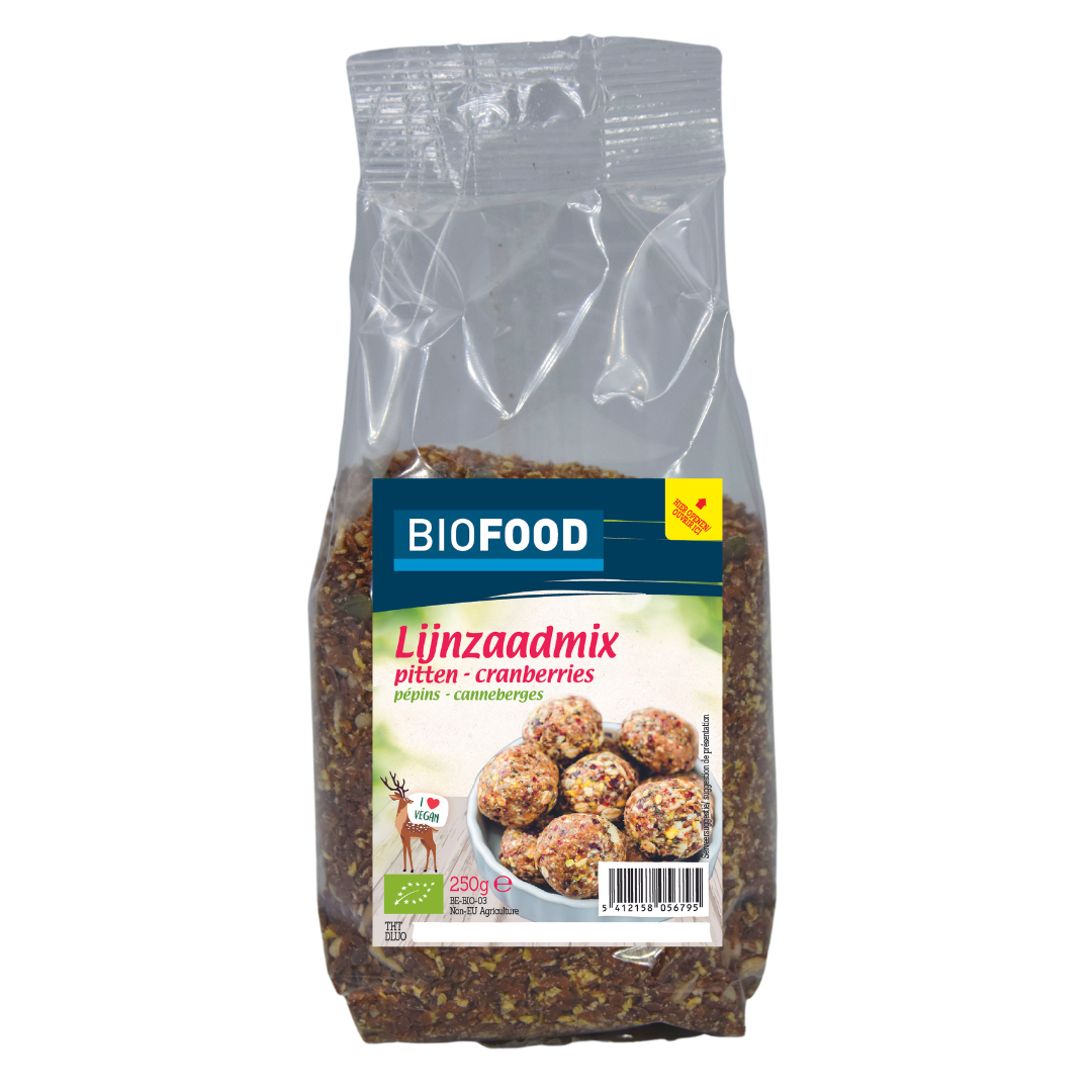 Biofood Lijnzaadmix pitten cranberry bio, 250g, raw superfood mix with flaxseeds, cranberries, and superfood ingredients.