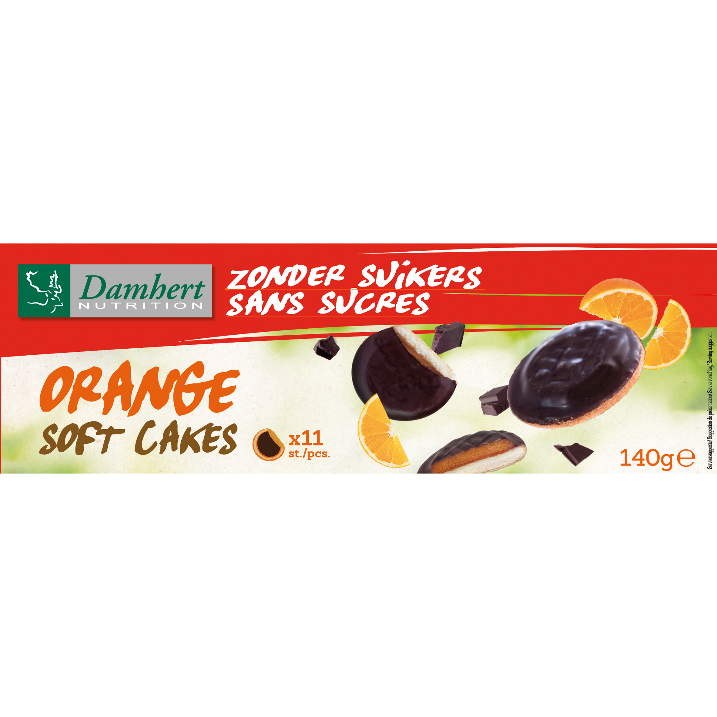 Damhert orange soft cakes, sugar-free koeken, 140g package with golden-brown orange-flavored biscuits on a plate