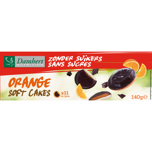 Damhert orange soft cakes, sugar-free koeken, 140g package with golden-brown orange-flavored biscuits on a plate