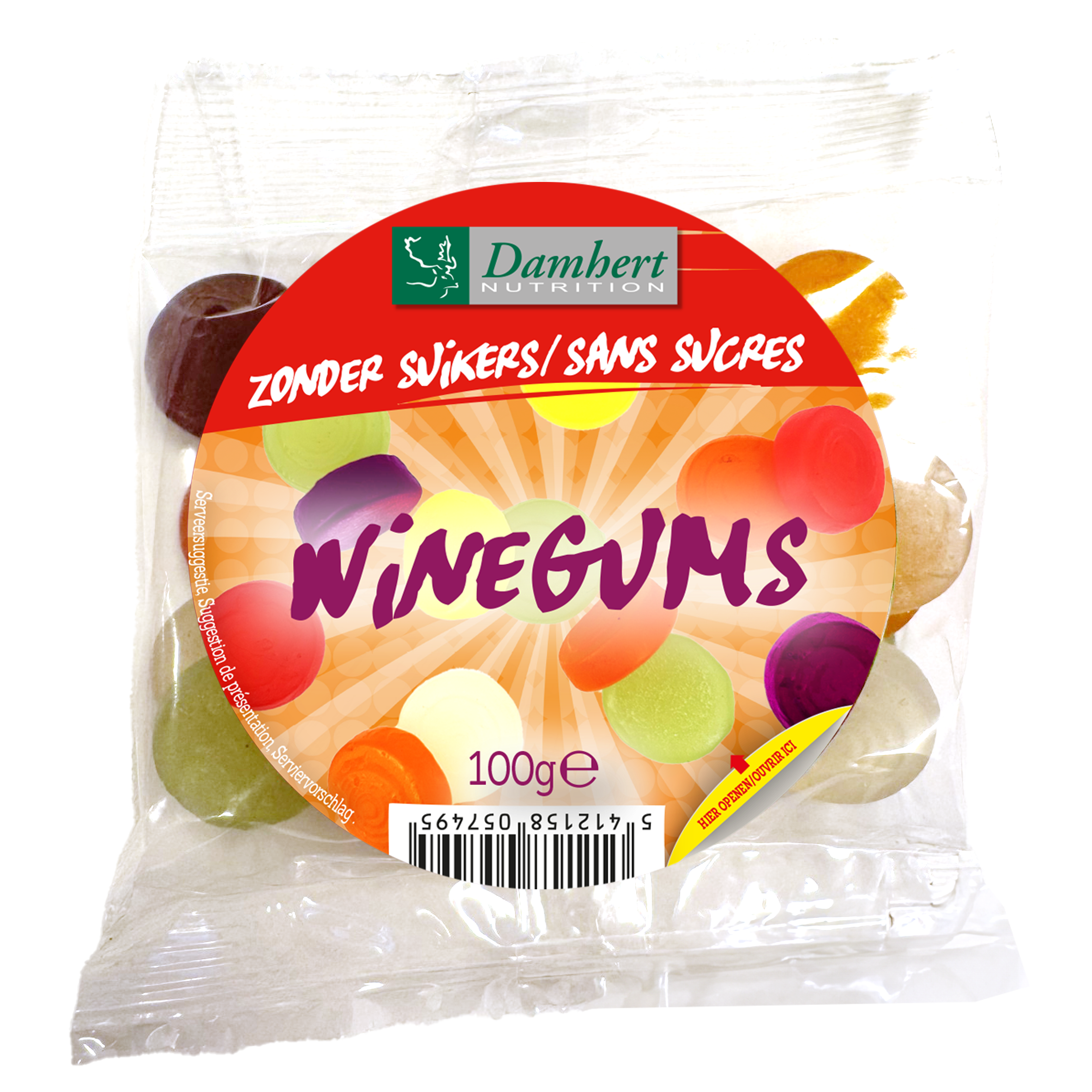 Damhert suikervrije wijngums snoepgoed in 100g package, colorful gummy candies with fruity flavors on a white background.