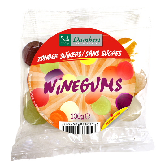 Damhert suikervrije wijngums snoepgoed in 100g package, colorful gummy candies with fruity flavors on a white background.